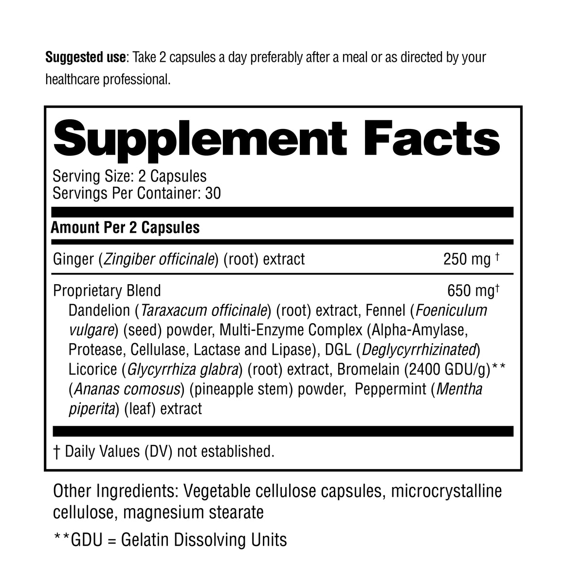 Supplement facts label with detailed ingredient list on a white background