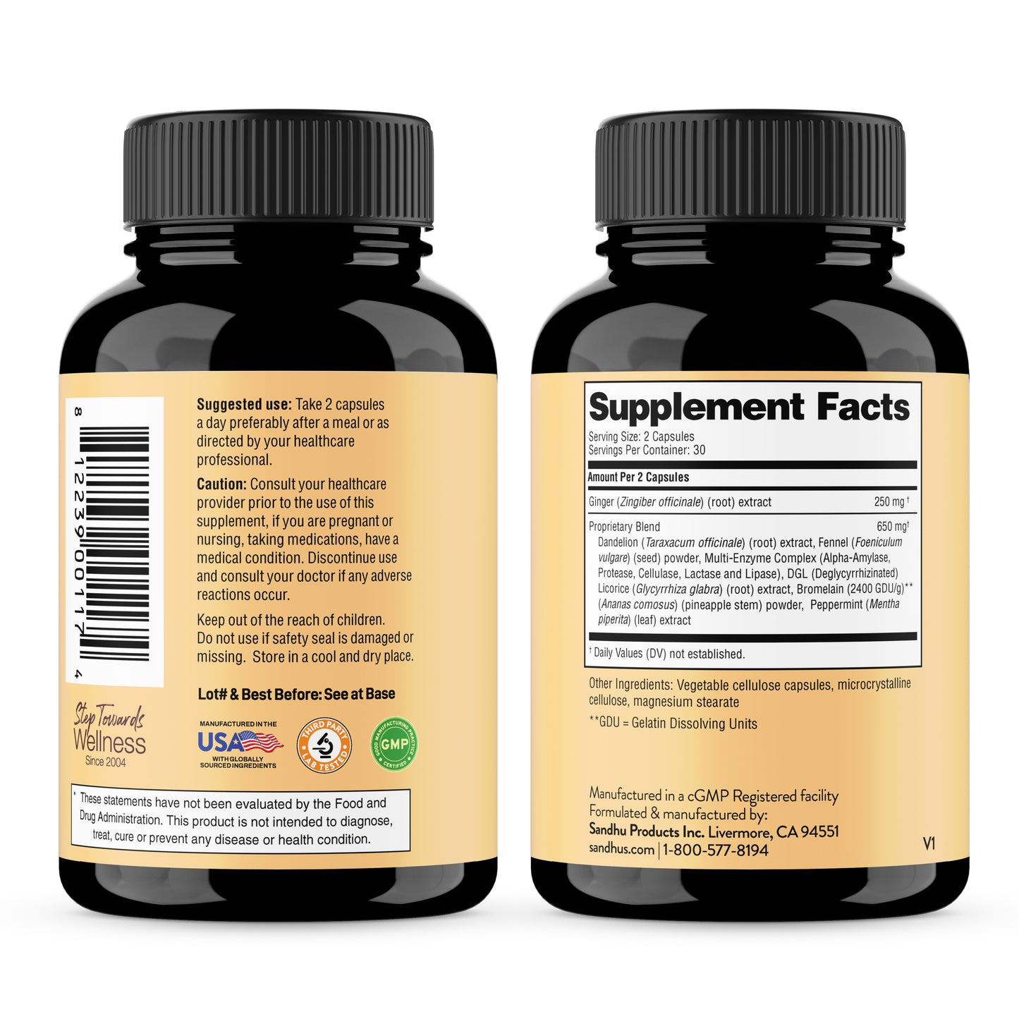 Sandhu's Debloat formulated with a blend of enzymes, ginger, fennel, licorice, peppermint, dandelion root & bromelain.