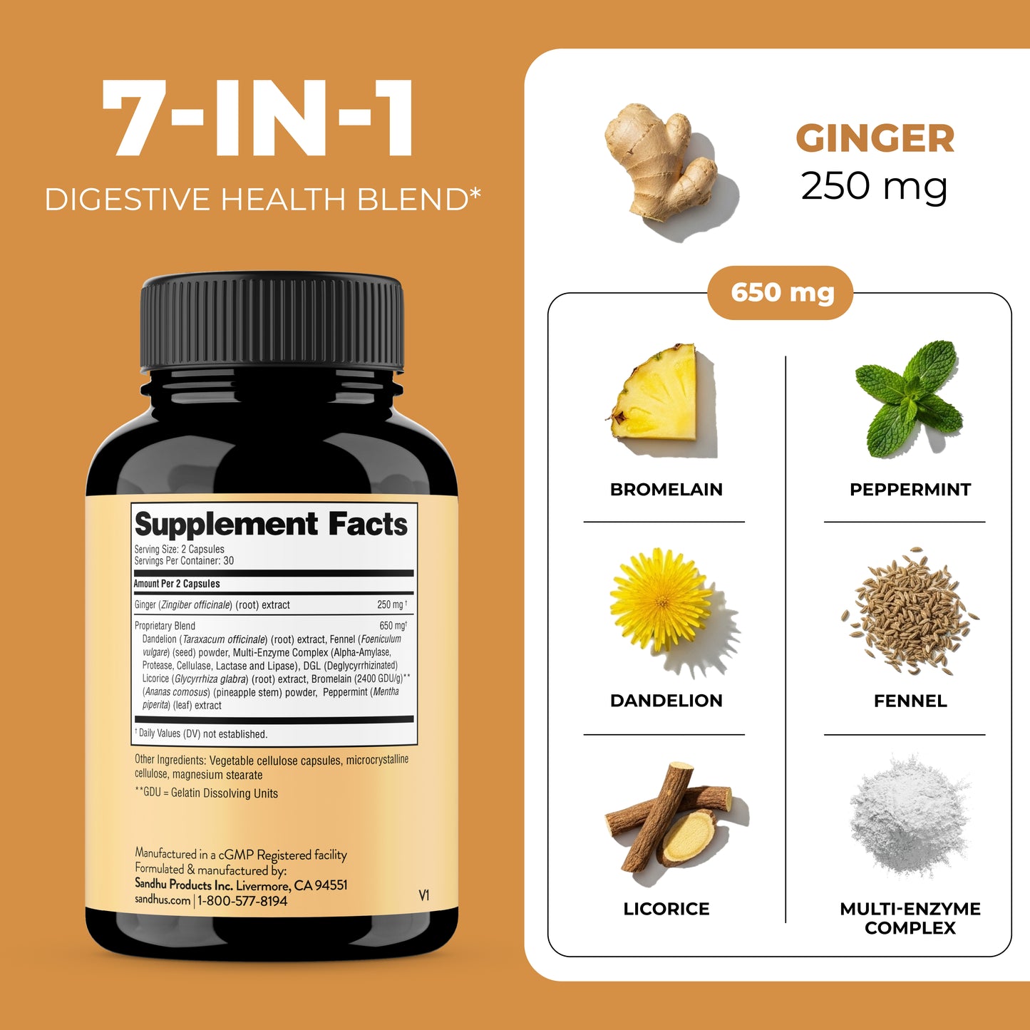Supplement bottle labeled '7-IN-1 Digestive Health Blend' with ingredients on a brown background