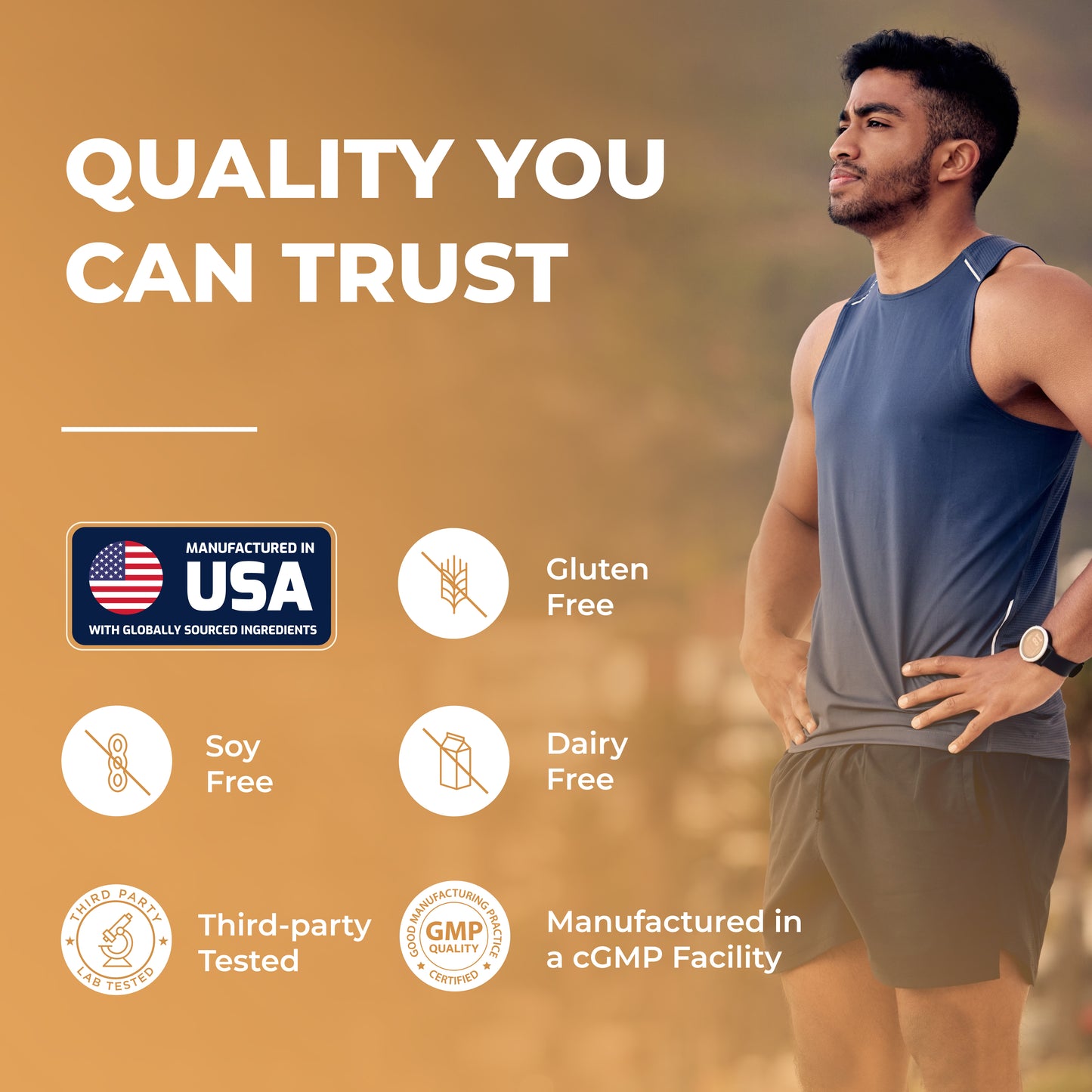 Man in athletic wear with quality assurance icons and text on a blurred outdoor background