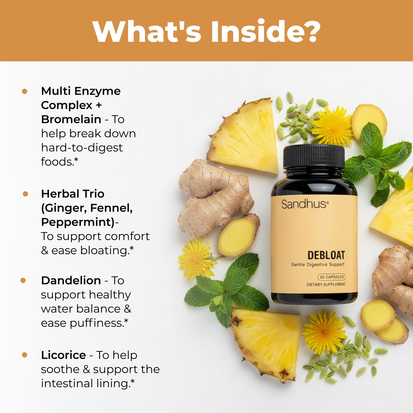 Sandhus Debloat supplement with ginger, pineapple, dandelion, and herbs for gentle digestive support.
