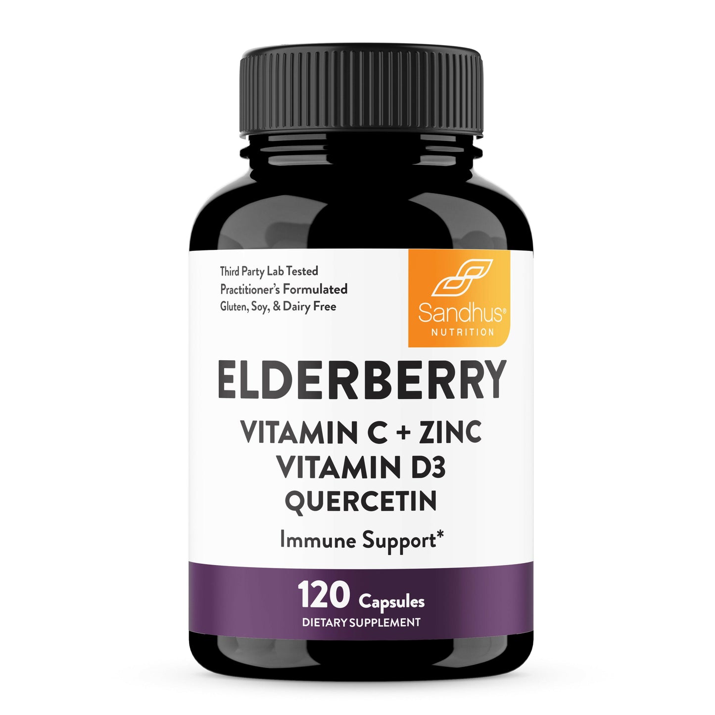 Supplement bottle labeled 'Elderberry Vitamin C + Zinc Vitamin D3 Quercetin' with Sandhu Nutrition branding on a white background.