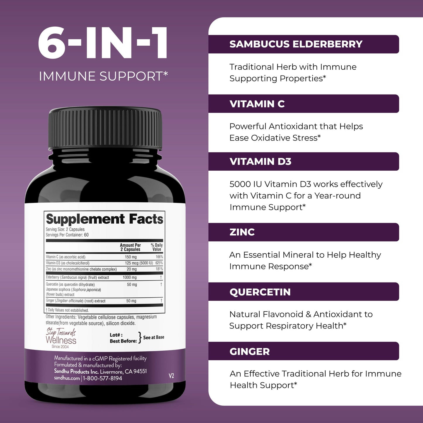 Sandhu’s Elderberry supplement bottle with 6-in-1 formula featuring elderberry, vitamin C, vitamin D3, zinc, quercetin, and ginger for immune support.