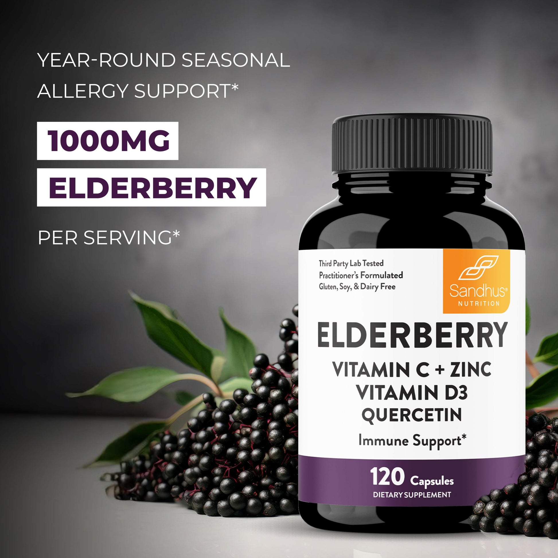 Sandhu’s Elderberry supplement bottle with fresh elderberries and text highlighting 1000 mg elderberry per serving for seasonal allergy support.