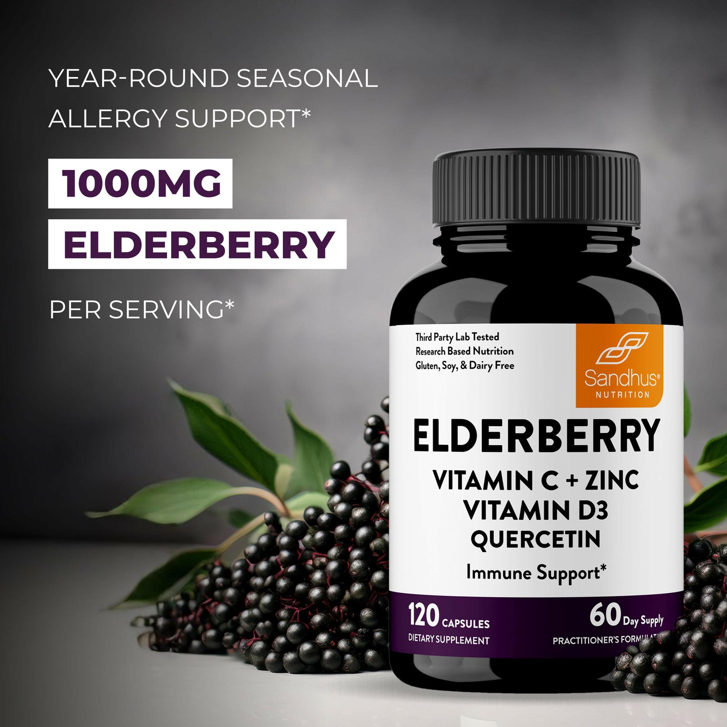 Sandhus Nutrition Elderberry capsules with 1000mg elderberry per serving, featuring bottle next to fresh elderberries for immune and seasonal wellness support.
