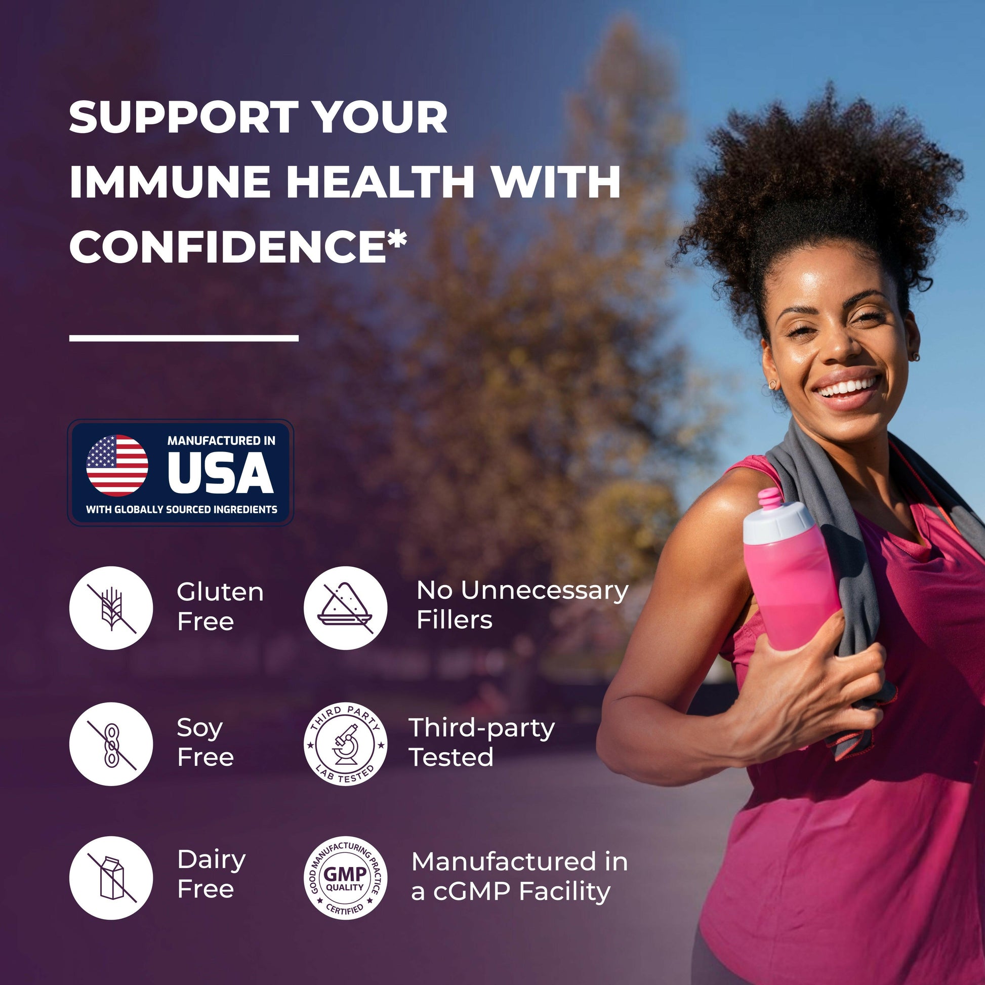 Active woman smiling outdoors with text showing Sandhu’s Elderberry supplement is gluten free, soy free, dairy free, third-party tested, and made in the USA.