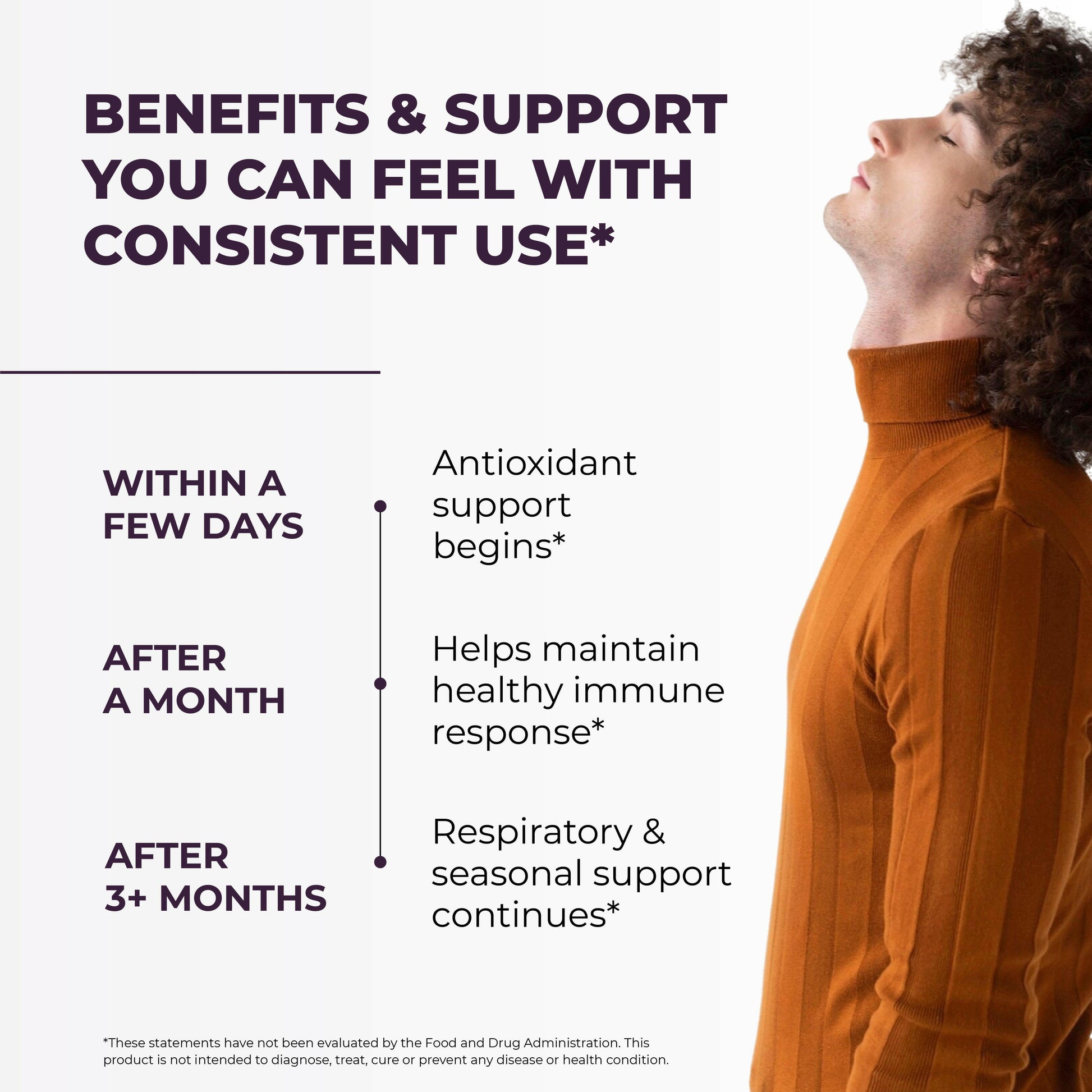 Man standing with head tilted back and text showing consistent use of Sandhu’s Elderberry supports antioxidants, immune health, and seasonal wellness.
