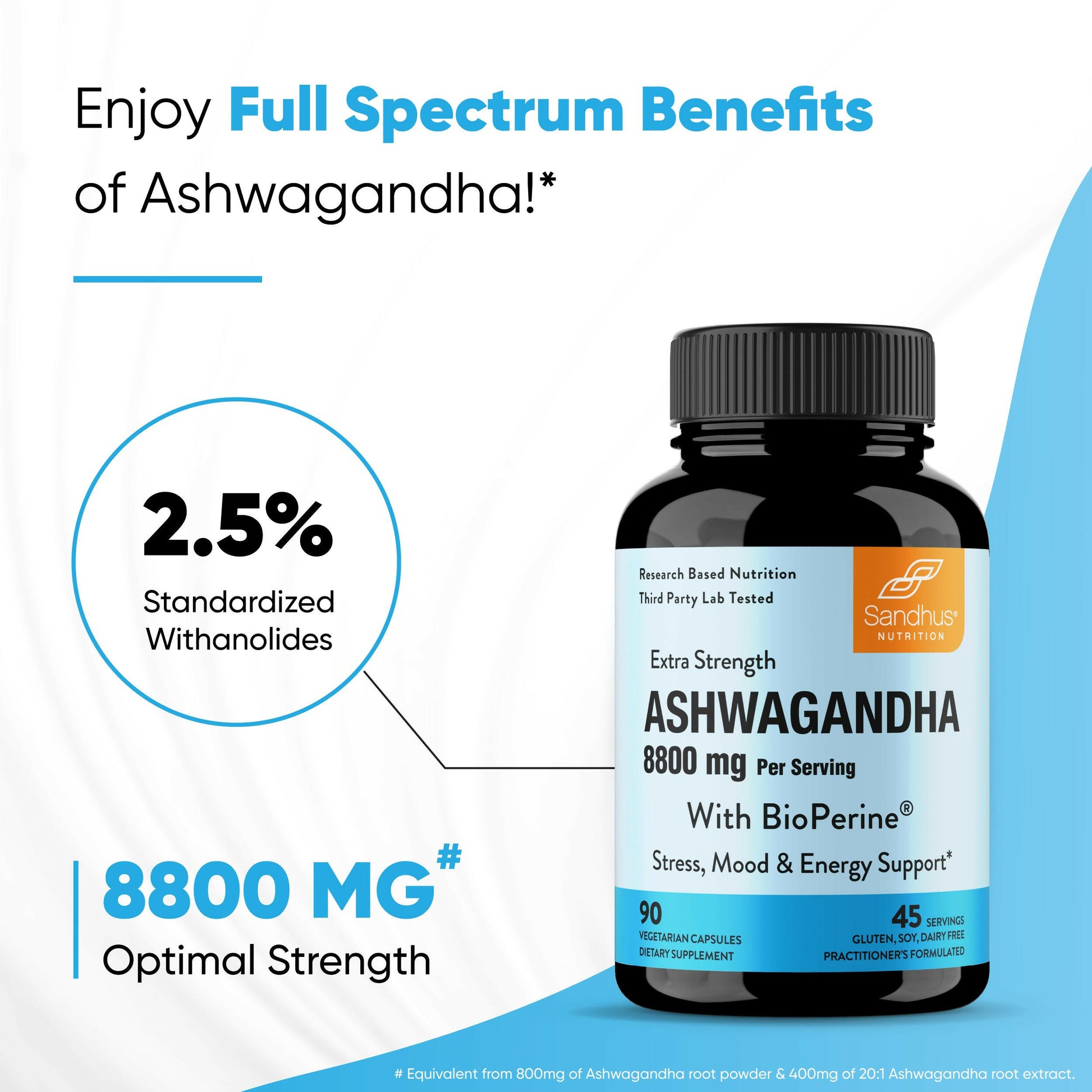 Sandhu’s Extra Strength Ashwagandha 8800 mg with BioPerine; supports stress, mood, and energy balance.