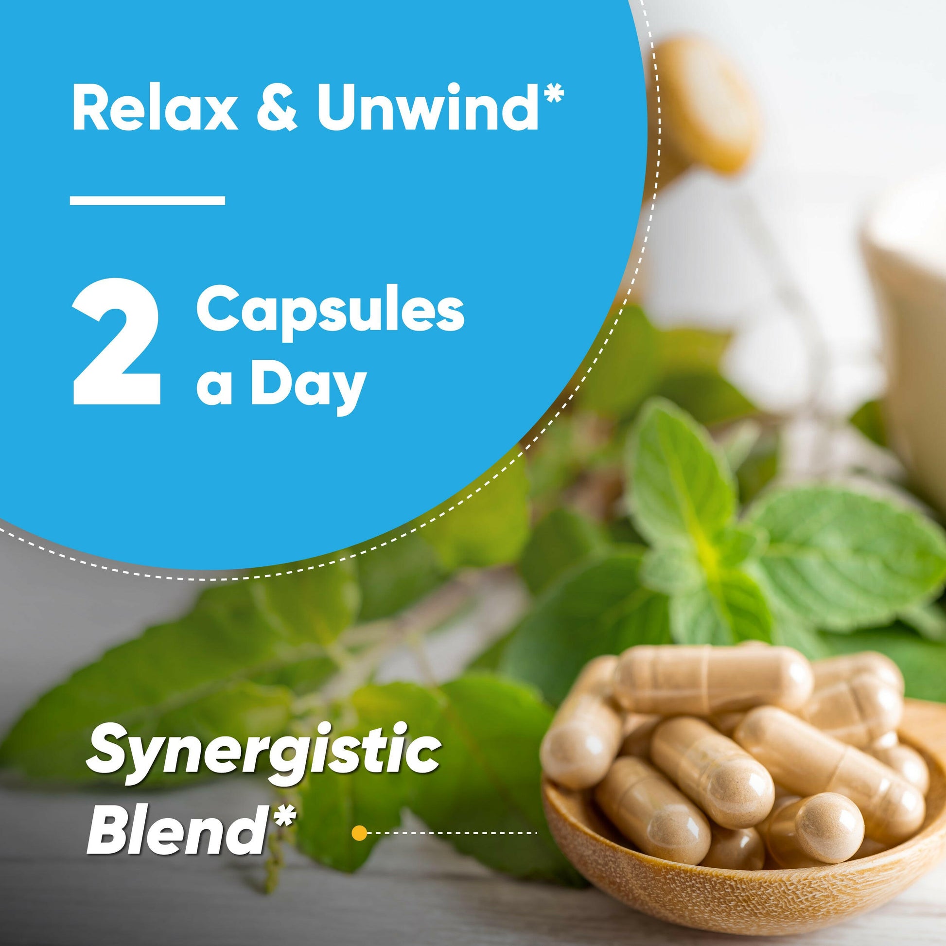 Herbal Ashwagandha capsules on a wooden bowl; natural adaptogen blend for stress support.