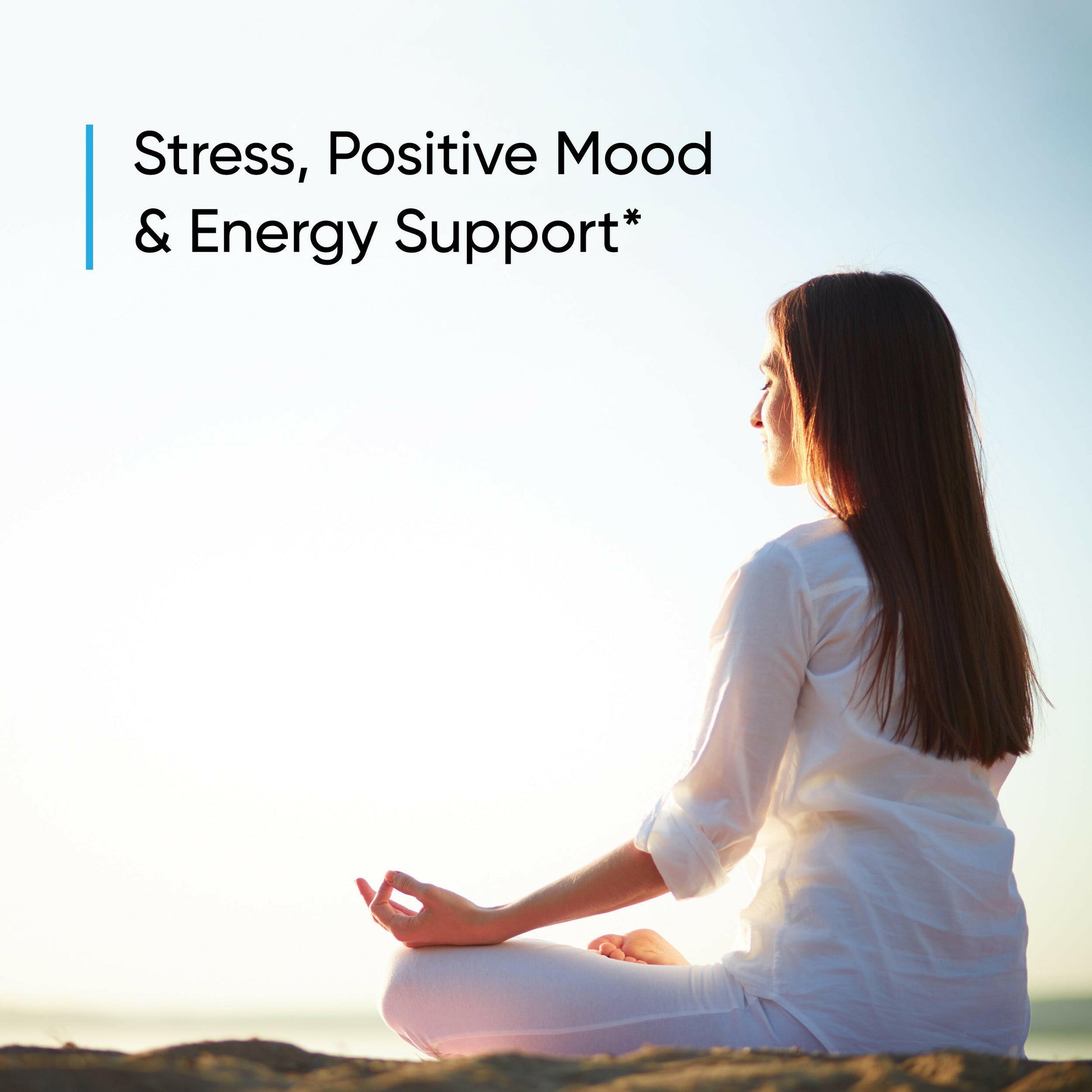 Calm woman meditating outdoors; Ashwagandha supports stress relief, mood, and energy.