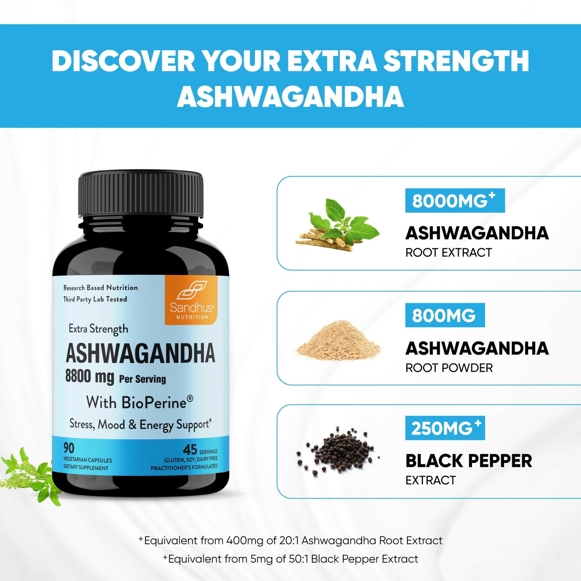 Sandhu’s Extra Strength Ashwagandha with root extract, root powder, and black pepper extract for absorption.