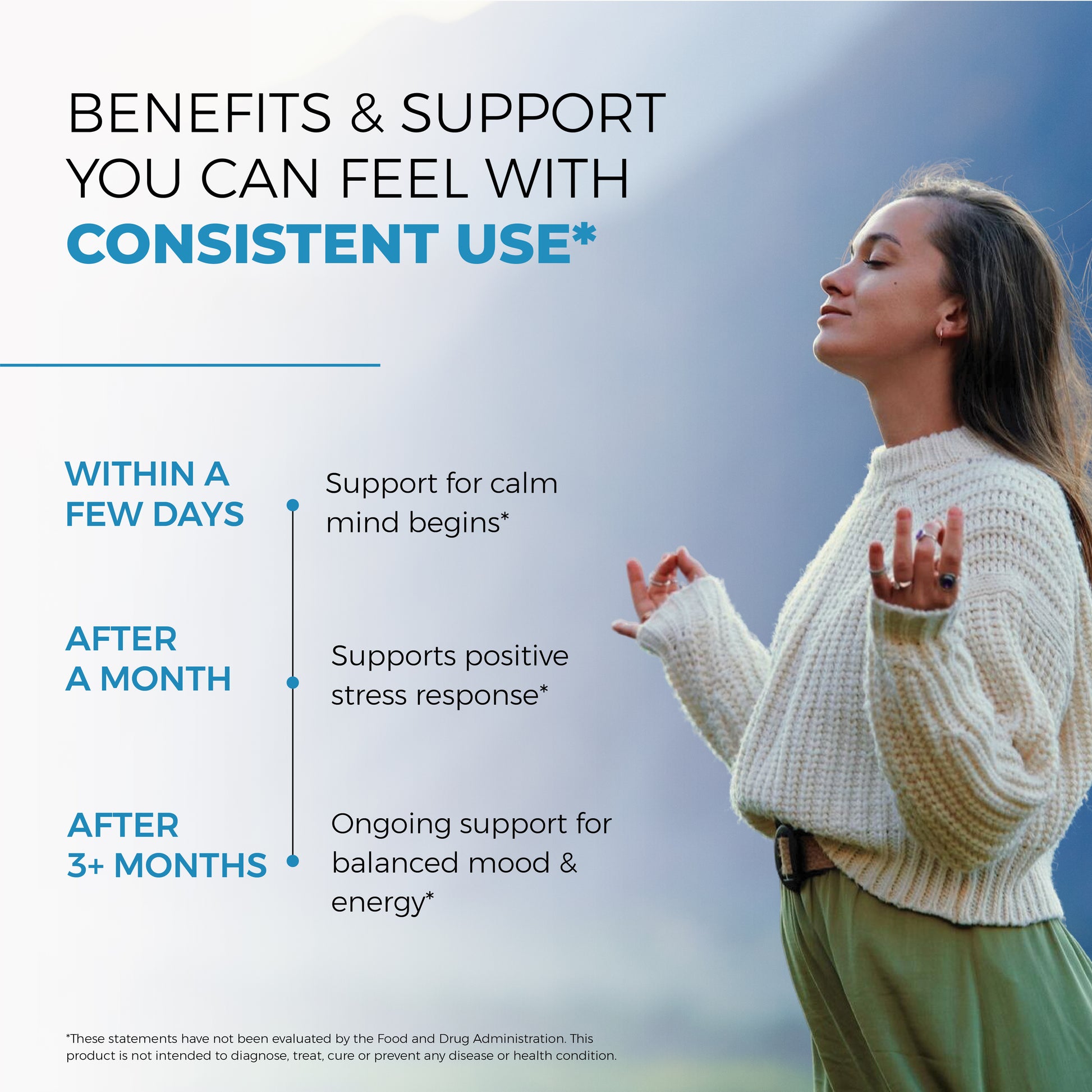 Woman meditating with text about benefits and support from consistent use, set against a blue sky.