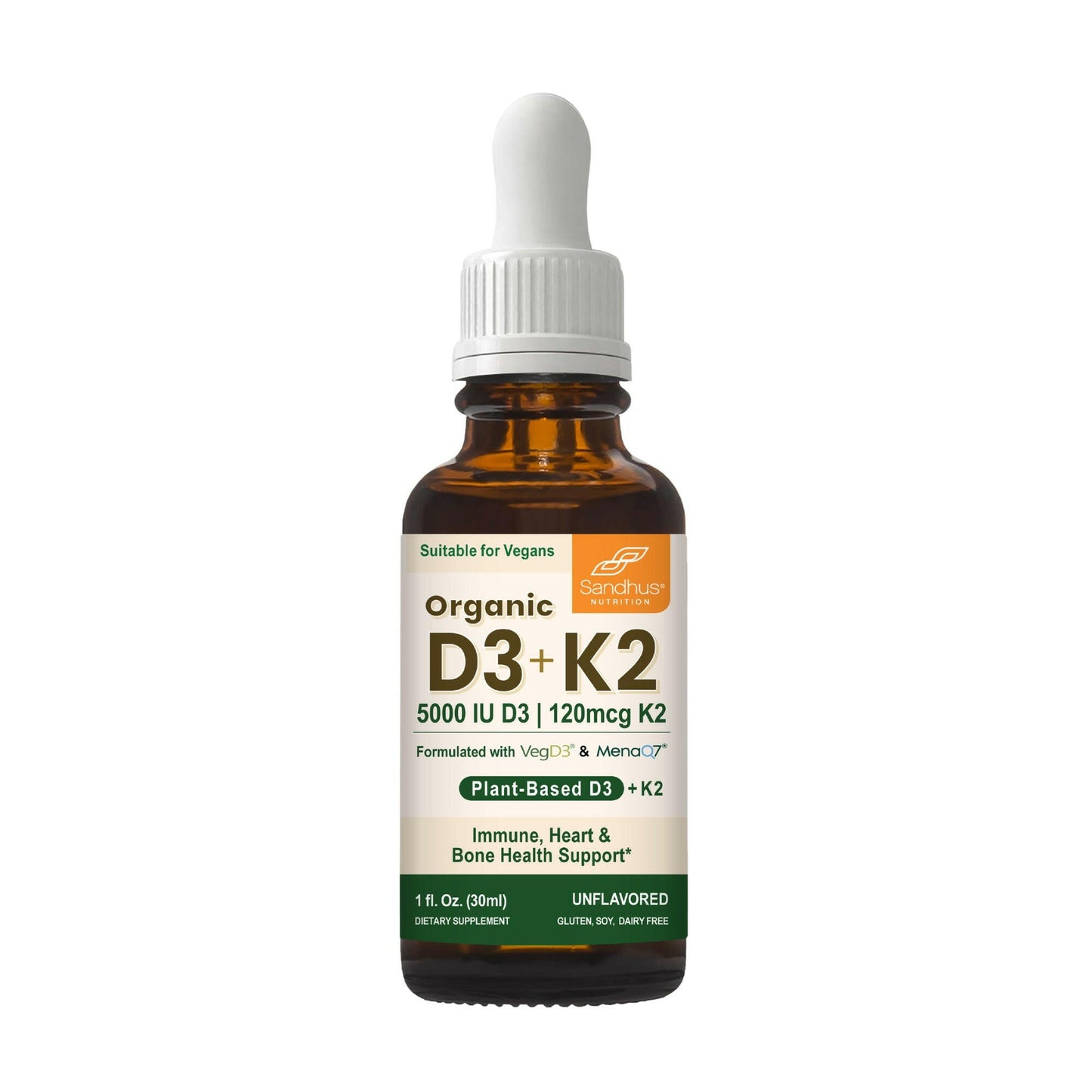 Bottle of Organic D3 + K2 supplement with dropper on a white background