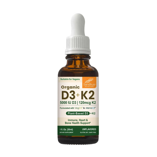 Bottle of Organic D3 + K2 supplement with dropper on a white background