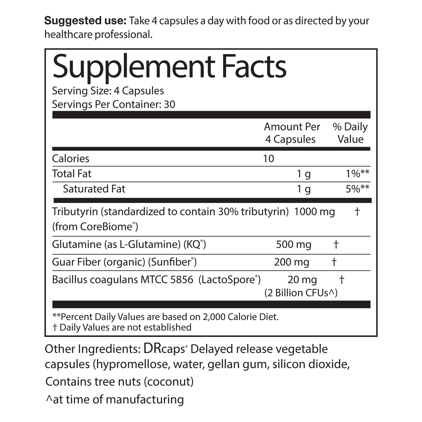 Supplement Facts panel for GUT Health with tributyrin 1000mg, L-glutamine 500mg, guar fiber 200mg, probiotics 2B CFUs.