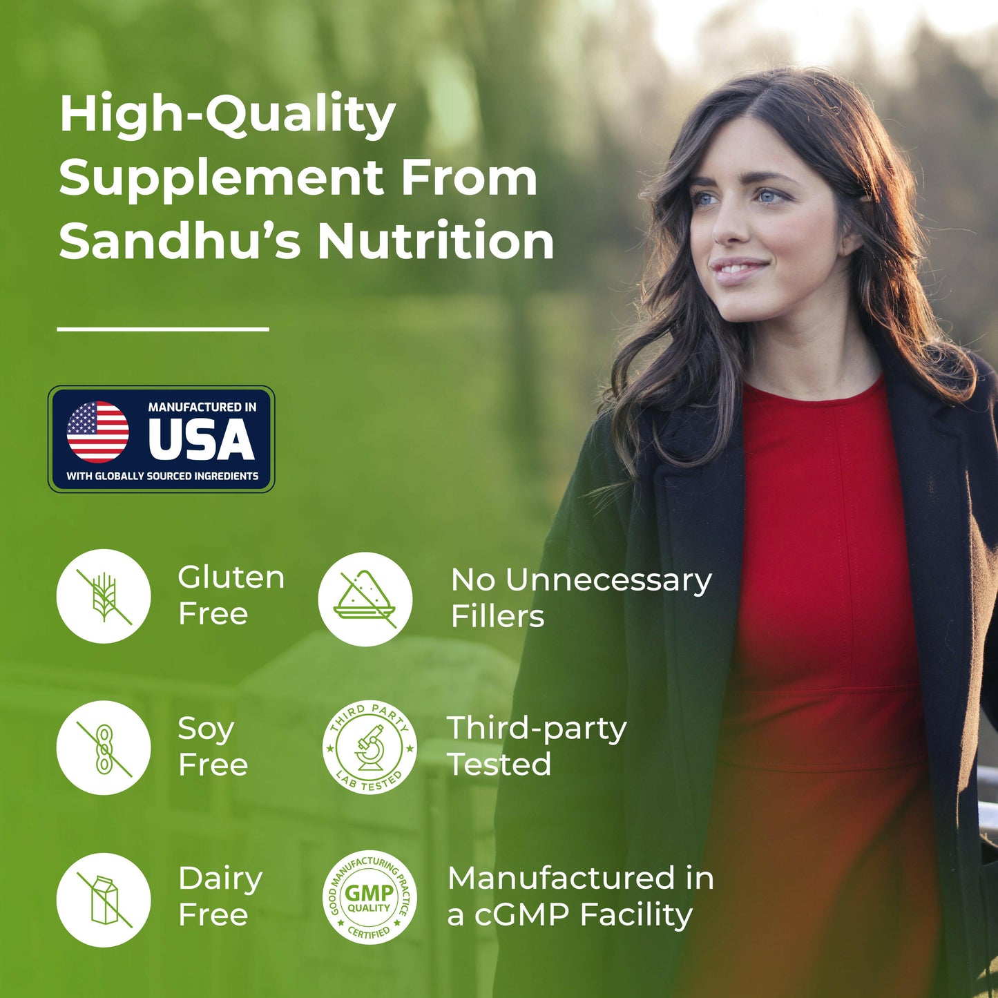Smiling woman with supplement benefits infographic highlighting gluten free, soy free, dairy free, third-party tested, USA made.