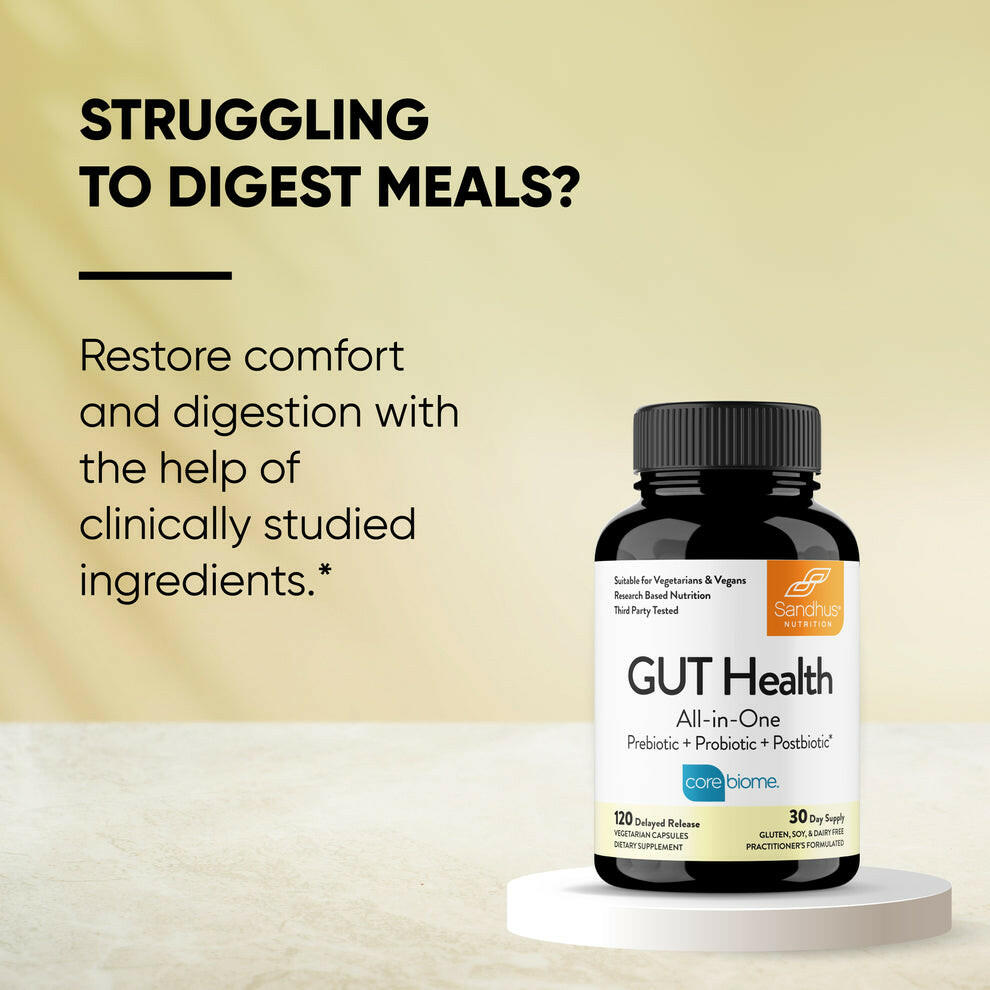 Sandhus Nutrition GUT Health supplement with prebiotics, probiotics & postbiotics to support digestion and comfort.