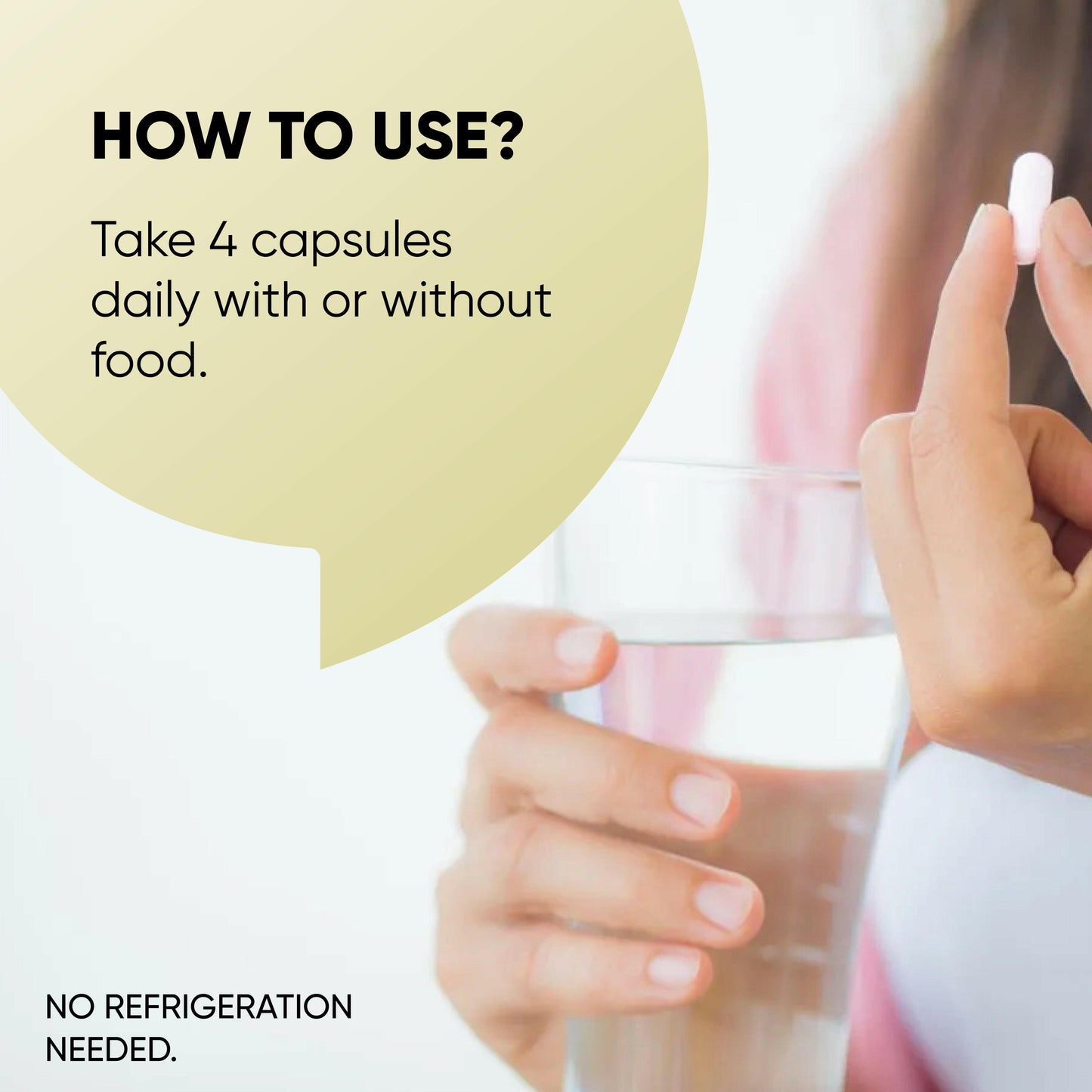A person holding a glass of water and a capsule with text showing suggested capsule usage