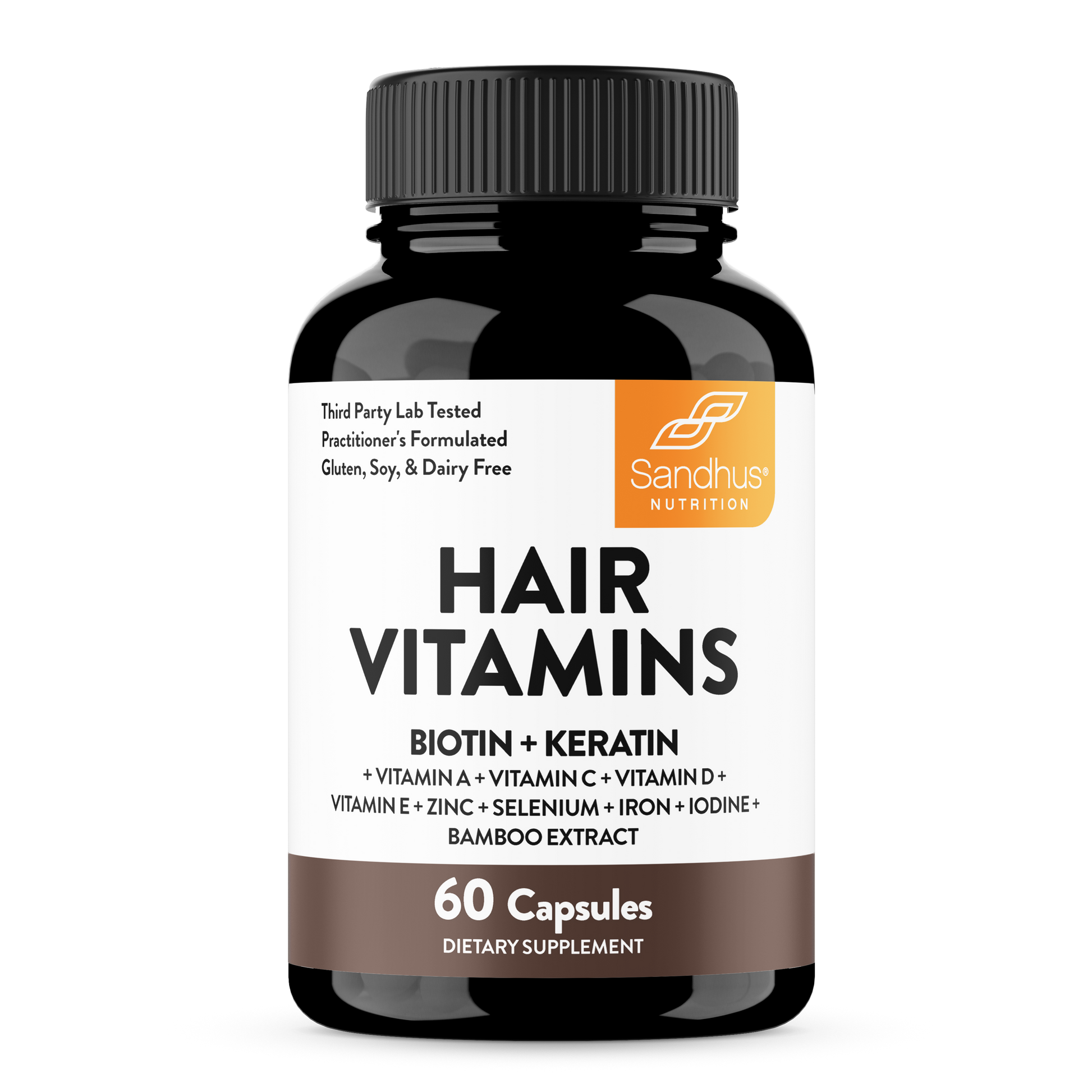 A bottle of Sandhu's Hair Vitamins supplement with 60 capsules, featuring biotin and keratin as key ingredients.