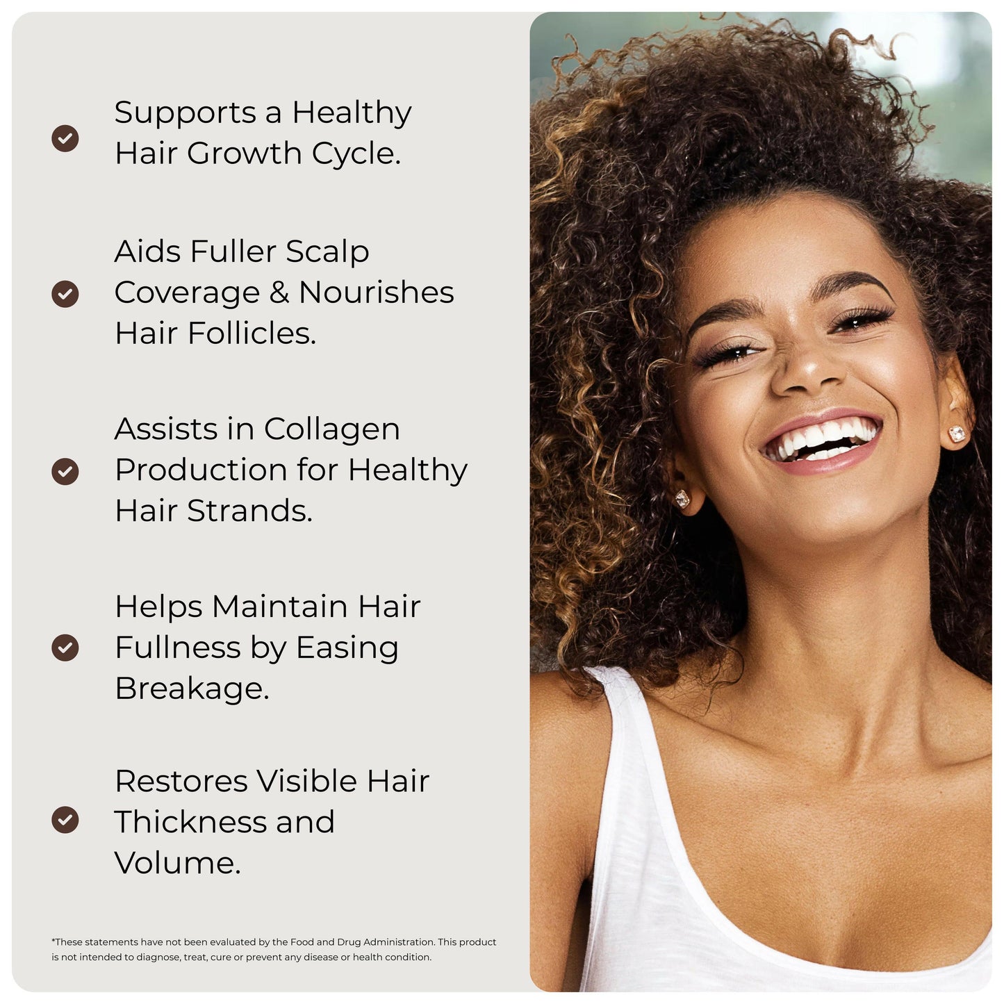 Smiling woman with curly hair beside list of Sandhu’s Hair Vitamins benefits for growth, scalp, and thickness.