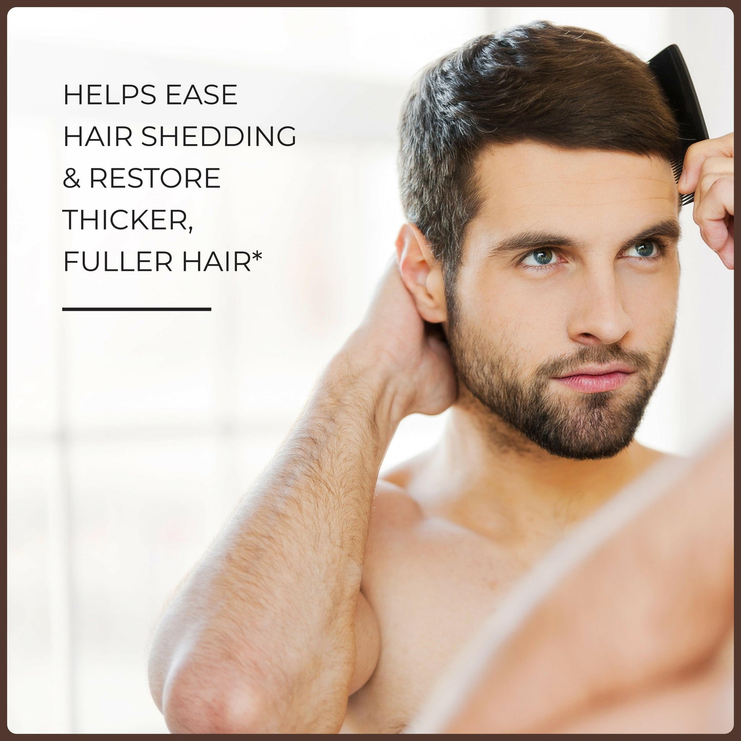 Man combing his hair with text highlighting how Sandhu’s Hair Vitamins help reduce shedding and restore fullness.