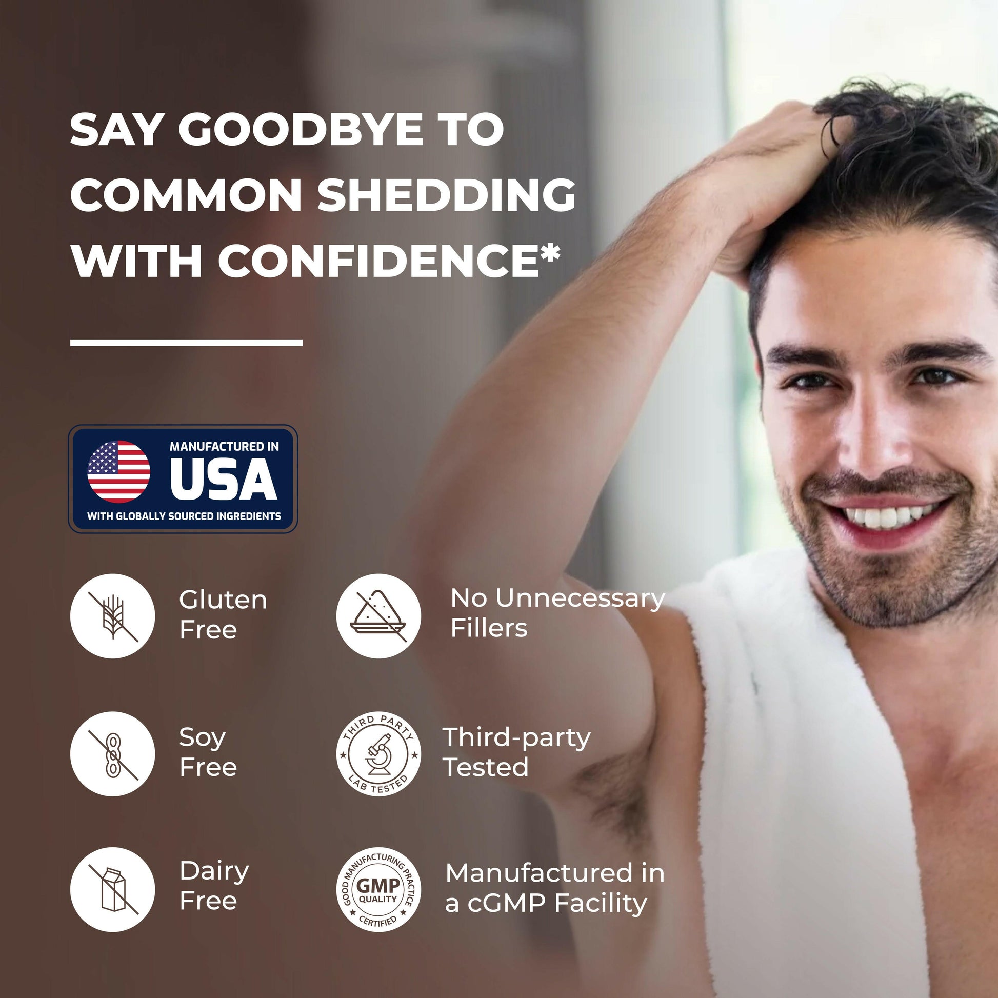 Smiling man touching hair with text highlighting Sandhu’s Hair Vitamins are gluten free, soy free, dairy free, third-party tested, and made in USA.