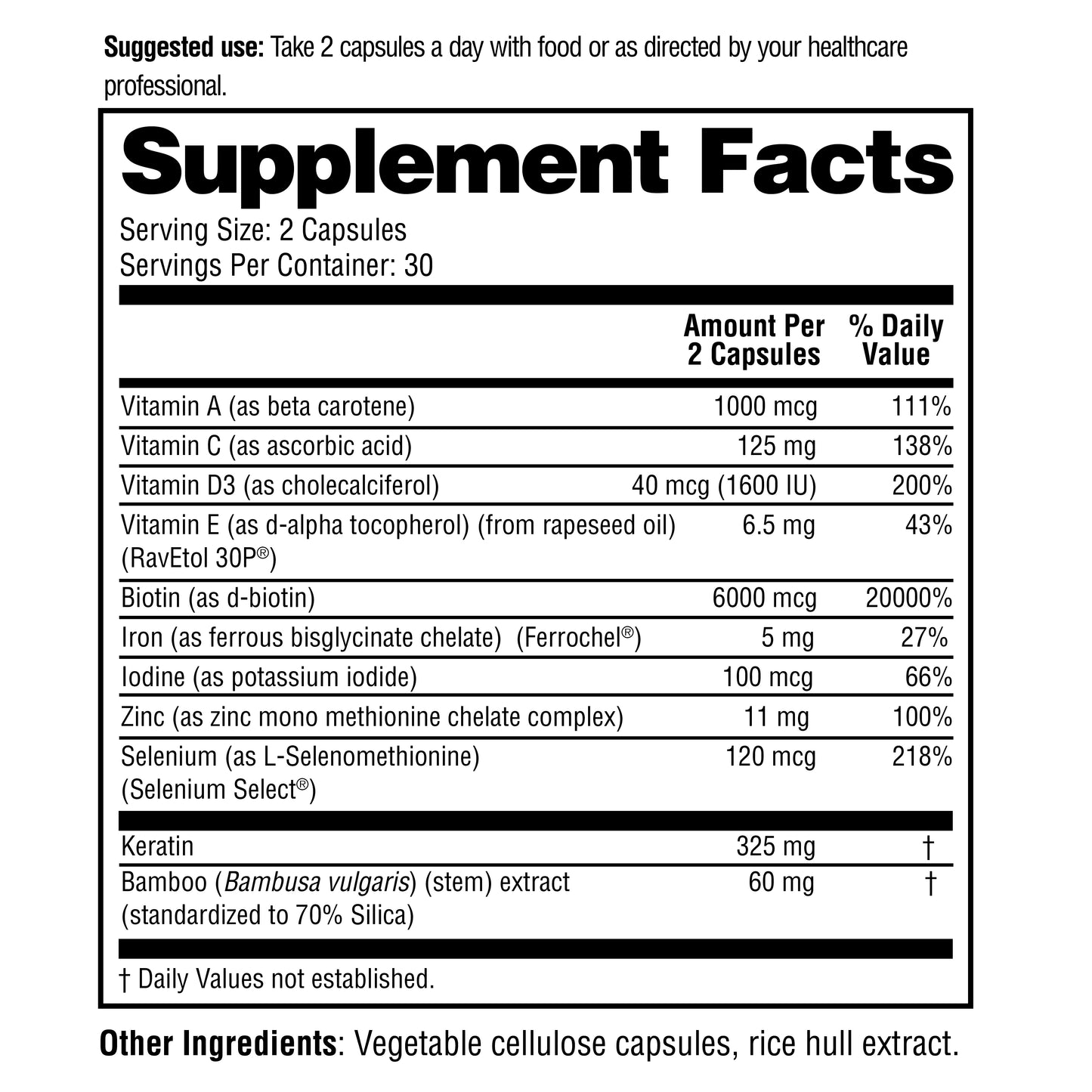 Supplement facts label with detailed nutritional information on a white background