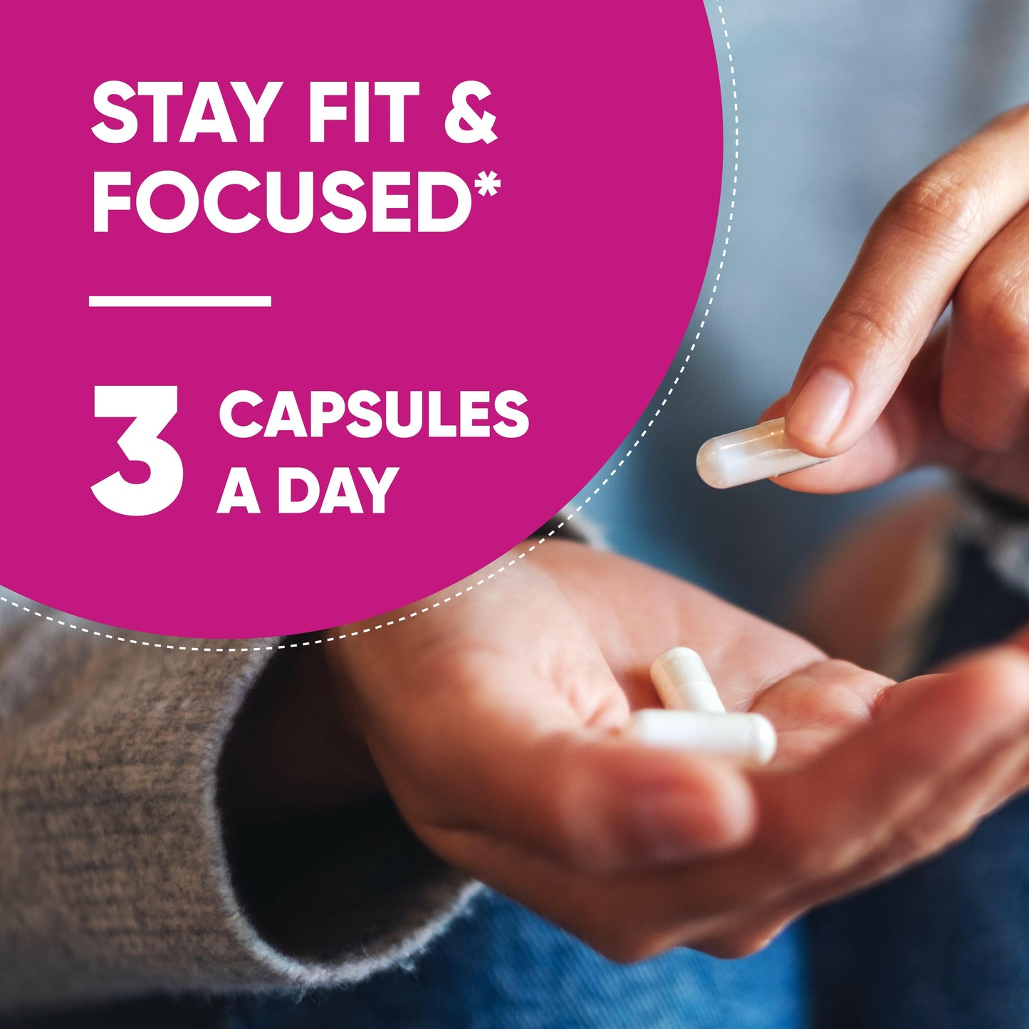 Hand holding keto capsules with text suggesting 3 capsules a day for fitness and focus.