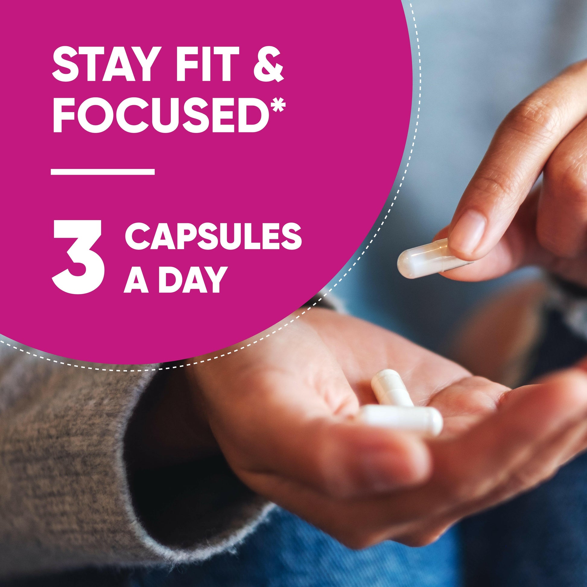 Hand holding keto capsules with text suggesting 3 capsules a day for fitness and focus.