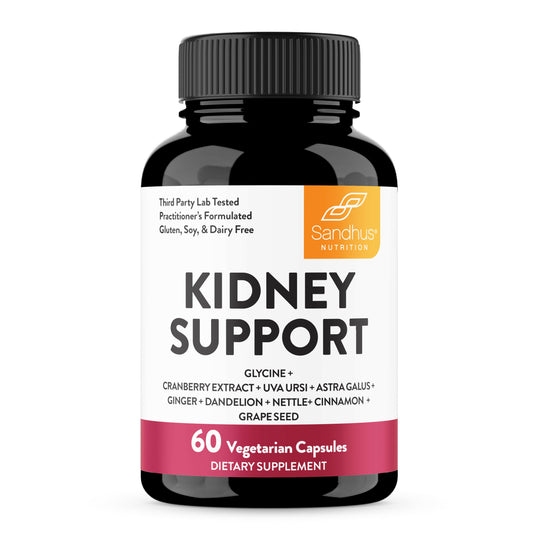 Supplement bottle labeled 'Kidney Support' by Sandhu Nutrition on a white background