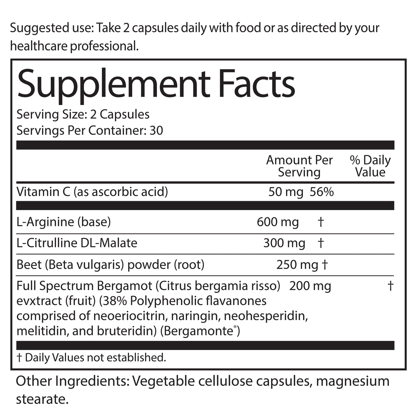 L-Arginine with L-Citrulline DL-Malate, Bergamonte® & Beetroot Powder - Capsules 60 Ct