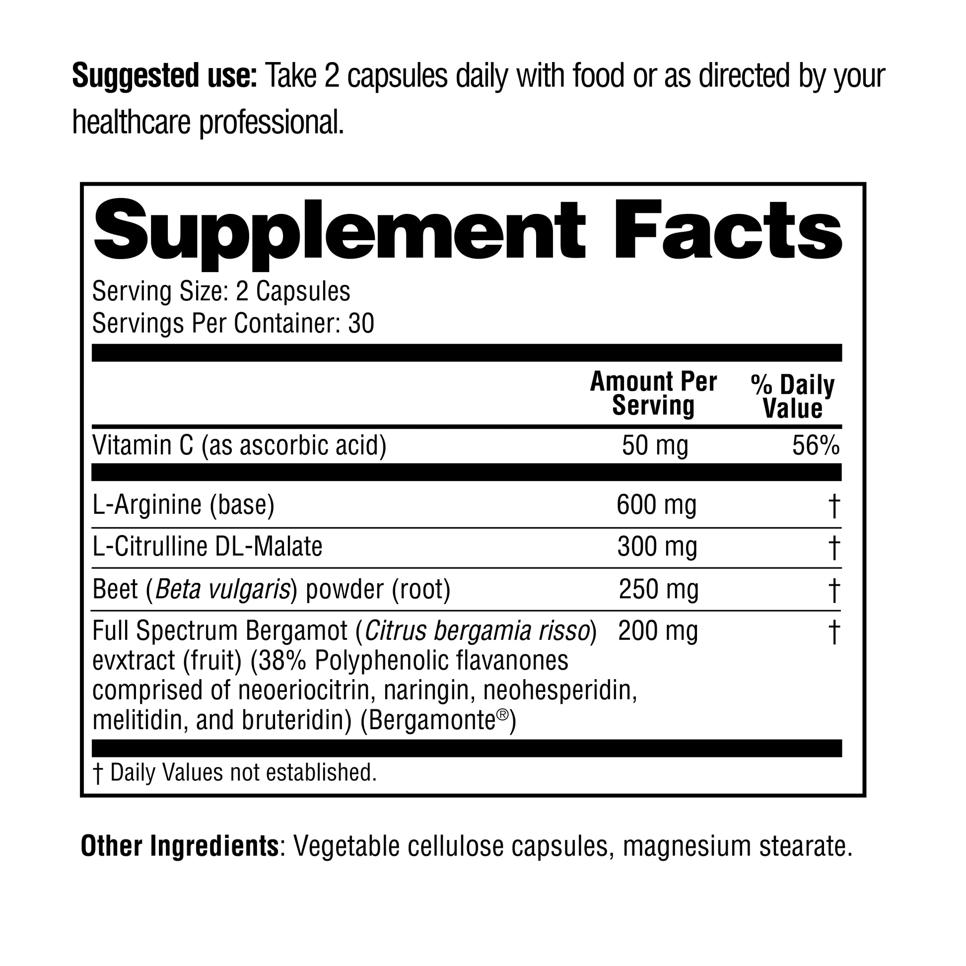 Supplement facts label with detailed nutritional information on a white background