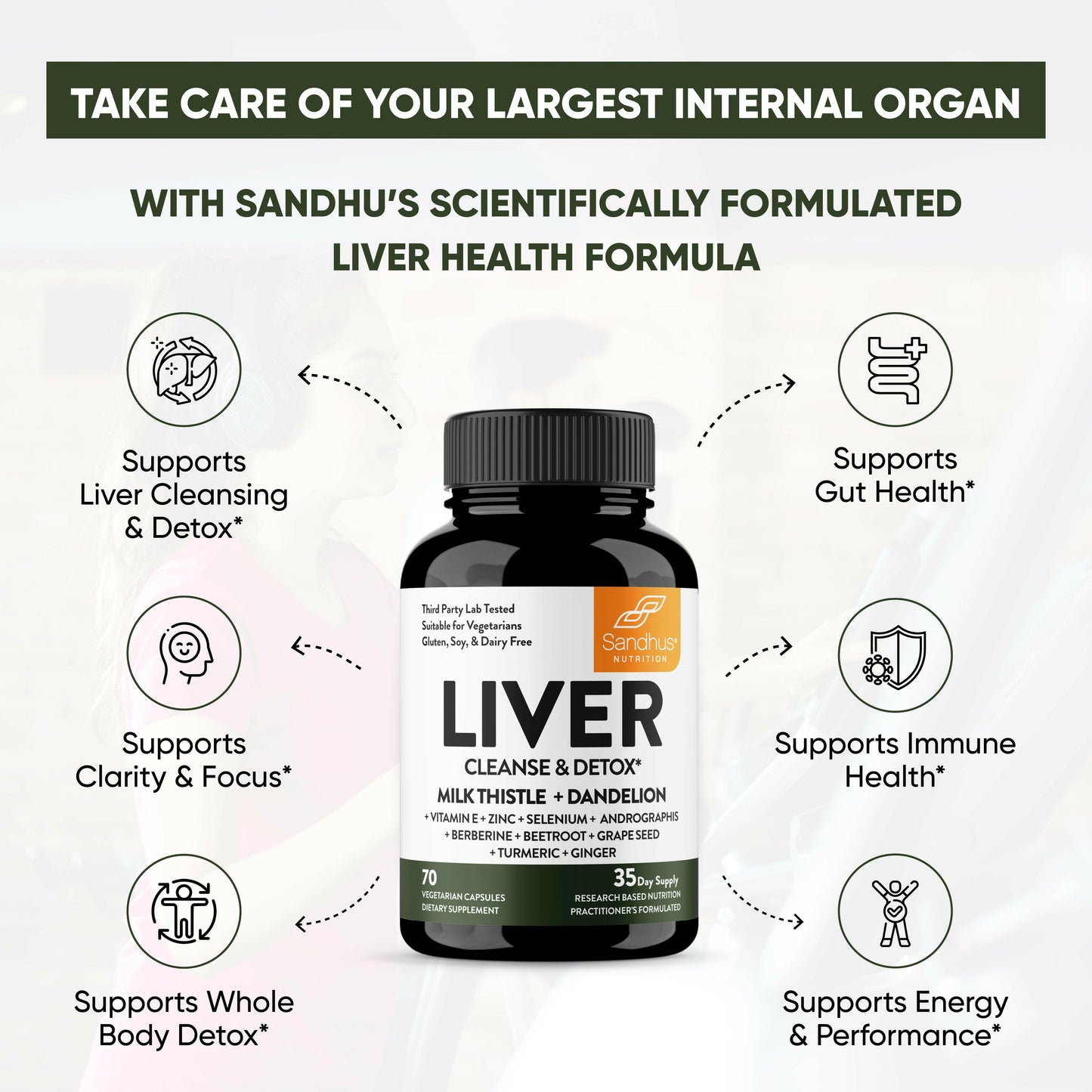 Sandhus Liver Cleanse & Detox with milk thistle, dandelion, and antioxidants to support liver health, immunity, gut health, and energy.