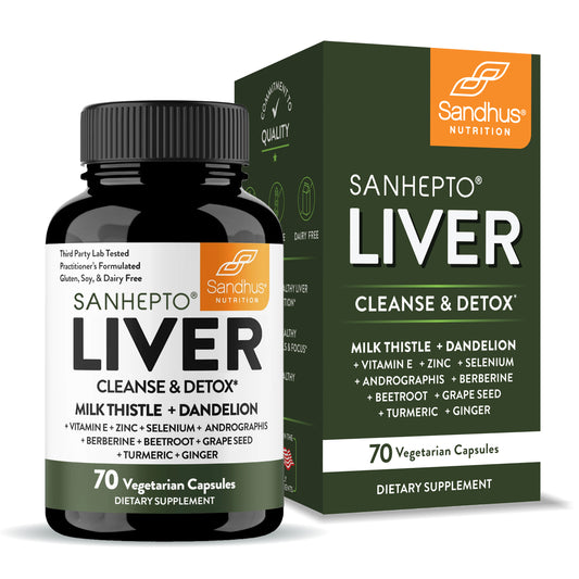 Sandhus liver cleanse & detox - SANHEPTO bottle and box, 70 vegetarian capsules; label lists herbal blend.