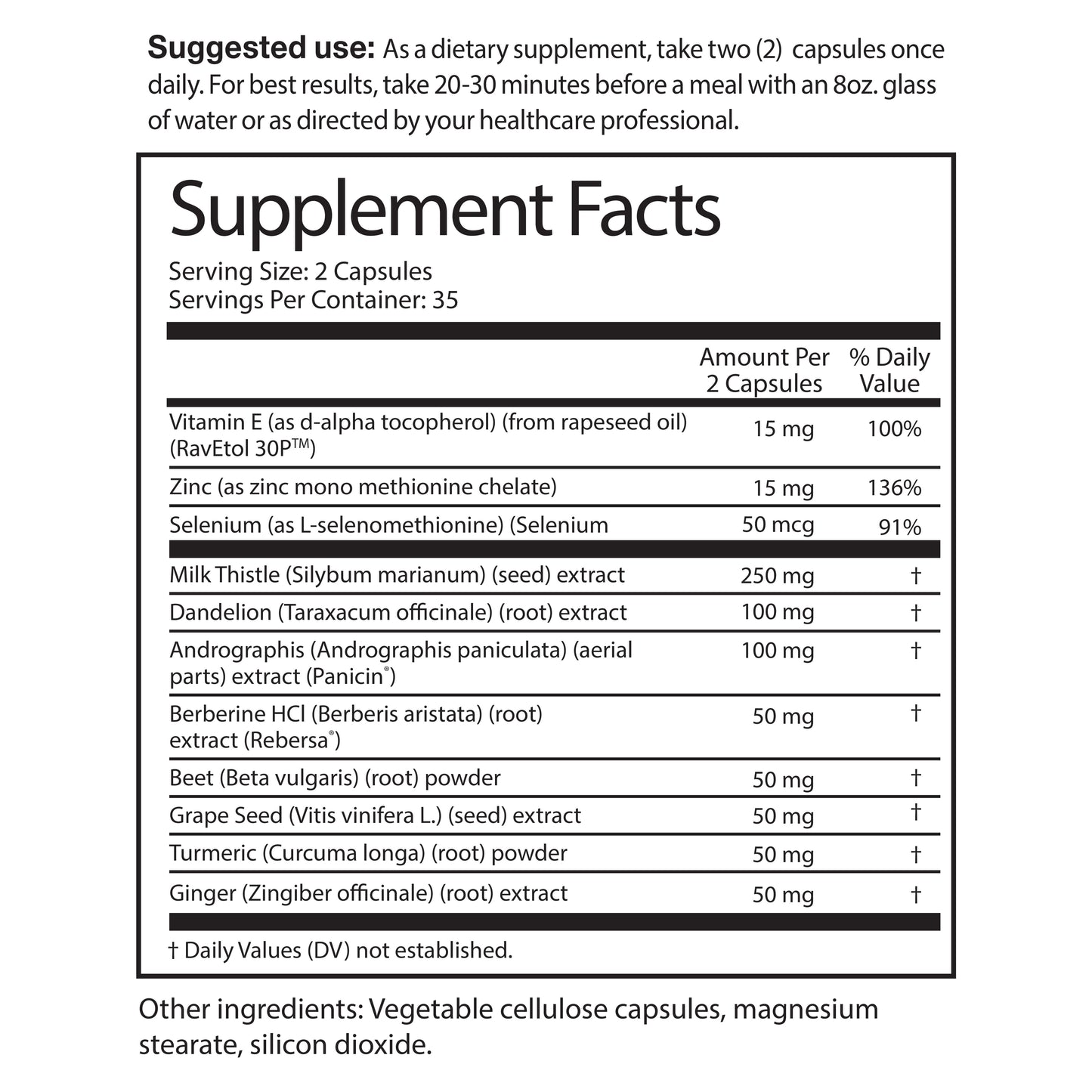 Sandhus liver cleanse & detox supplement facts panel with ingredients and serving size.