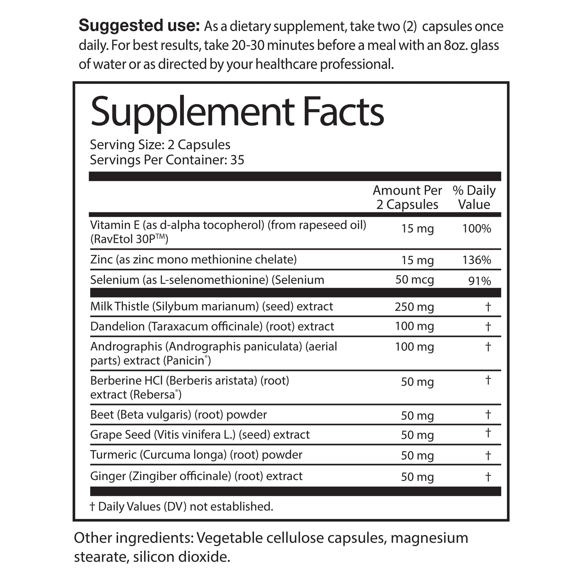 Sandhus liver cleanse & detox supplement facts panel with ingredients and serving size.