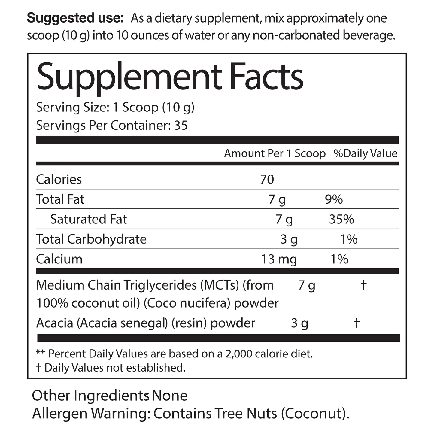 Supplement facts label for a dietary supplement with nutritional information.