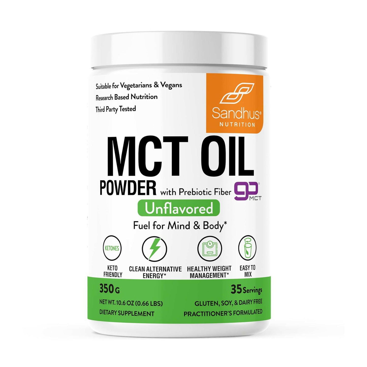 Container of Sandhus MCT Oil Powder on a white background