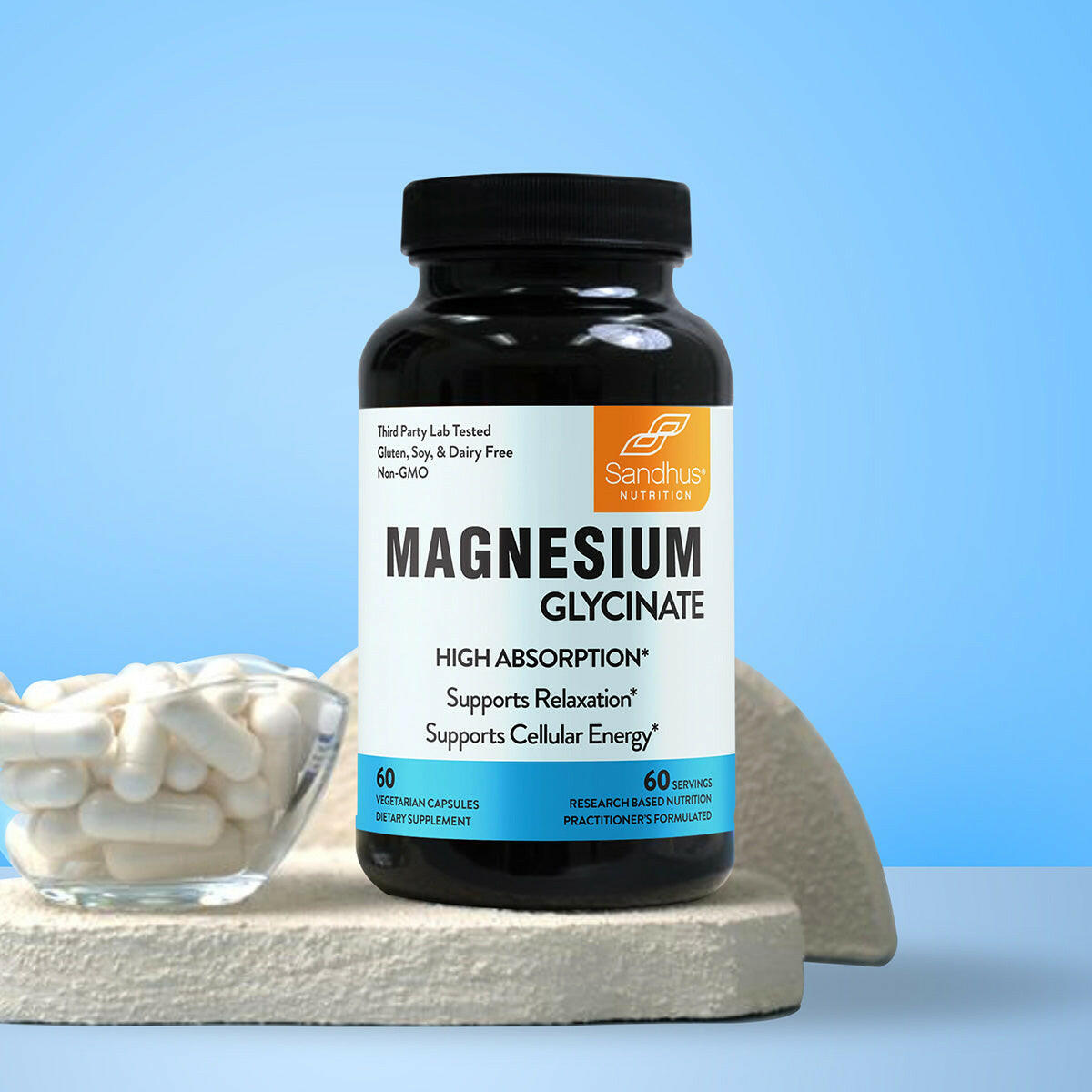 Supplement bottle labeled 'Magnesium Glycinate' by Sandhu Nutrition on a light blue background.