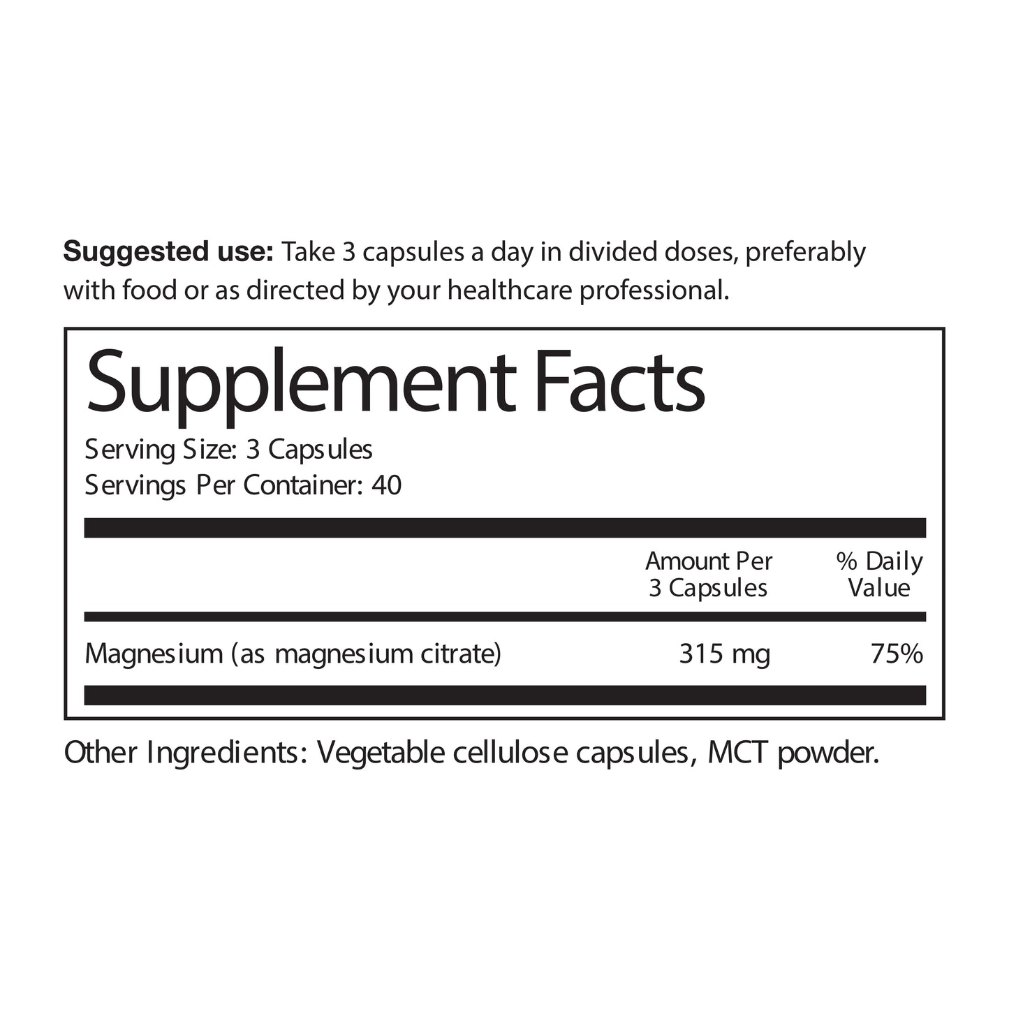 Supplement label with magnesium content and serving information on a white background