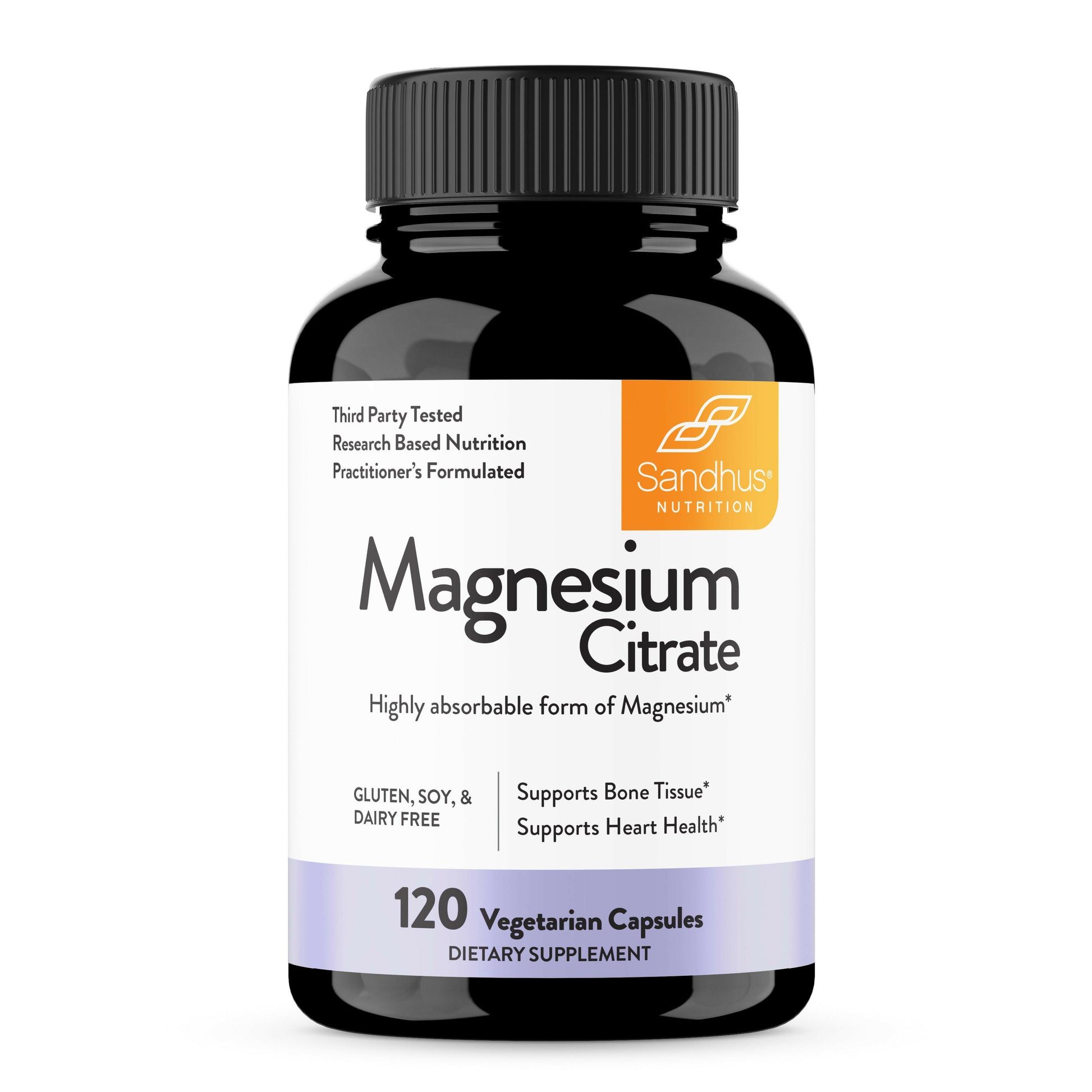 Supplement bottle labeled 'Magnesium Citrate' by Sandhu Nutrition on a white background
