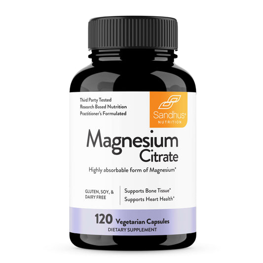 Supplement bottle labeled 'Magnesium Citrate' by Sandhu Nutrition on a white background