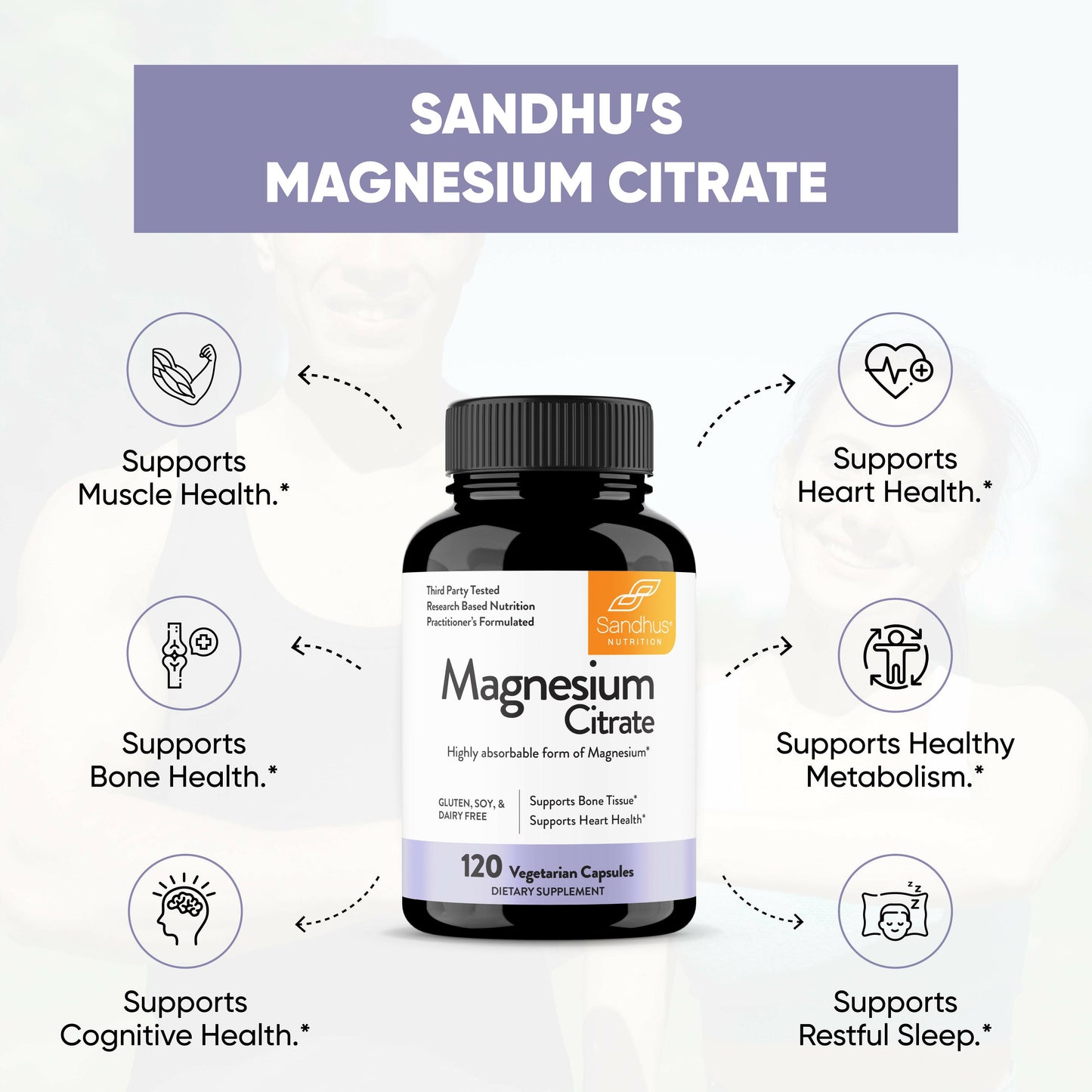 Sandhu’s Magnesium Citrate supplement bottle with benefits for muscle, heart, bone, metabolism, sleep, and cognitive support.
