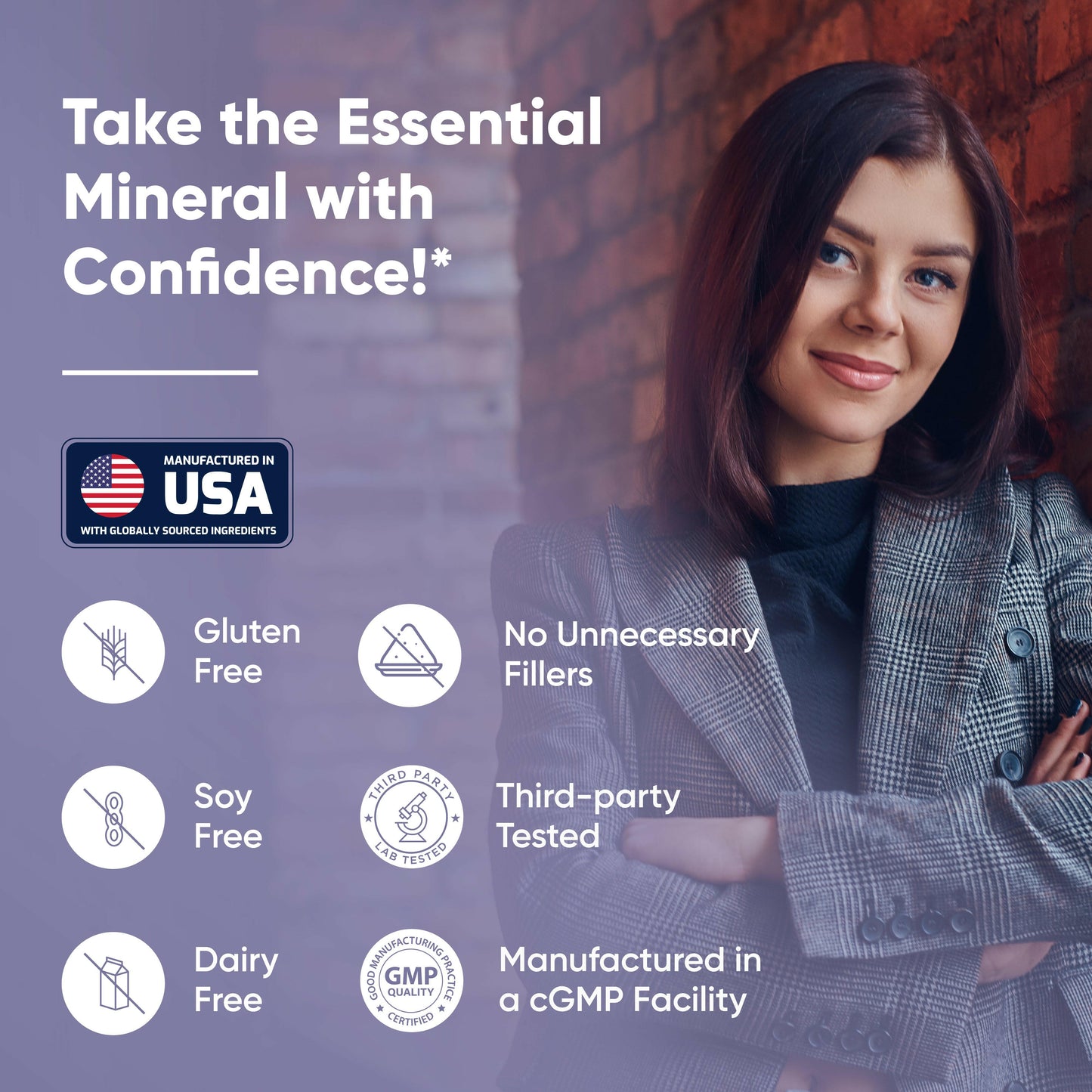 Smiling woman with product highlights showing USA-made magnesium supplement, gluten free, soy free, dairy free, and GMP certified