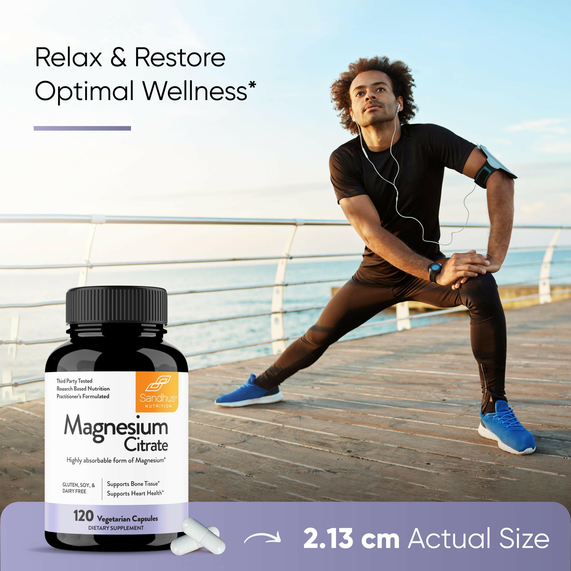 Sandhu’s Magnesium Citrate supplement bottle with man stretching outdoors for wellness and recovery support.