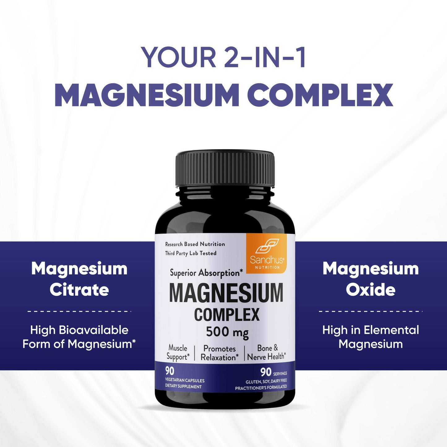 Magnesium Complex with magnesium citrate and magnesium oxide; high absorption and elemental magnesium.