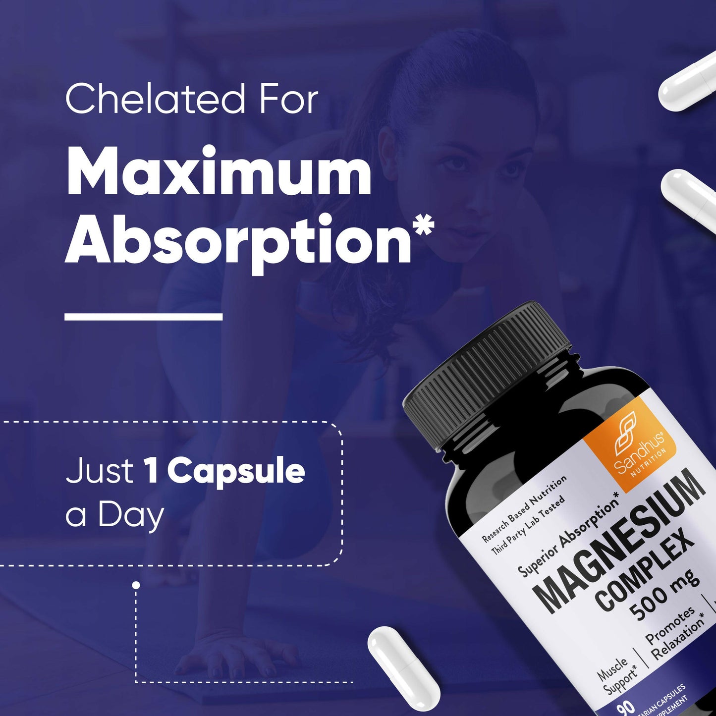 Sandhu’s Magnesium Complex chelated for maximum absorption; one capsule a day supplement.