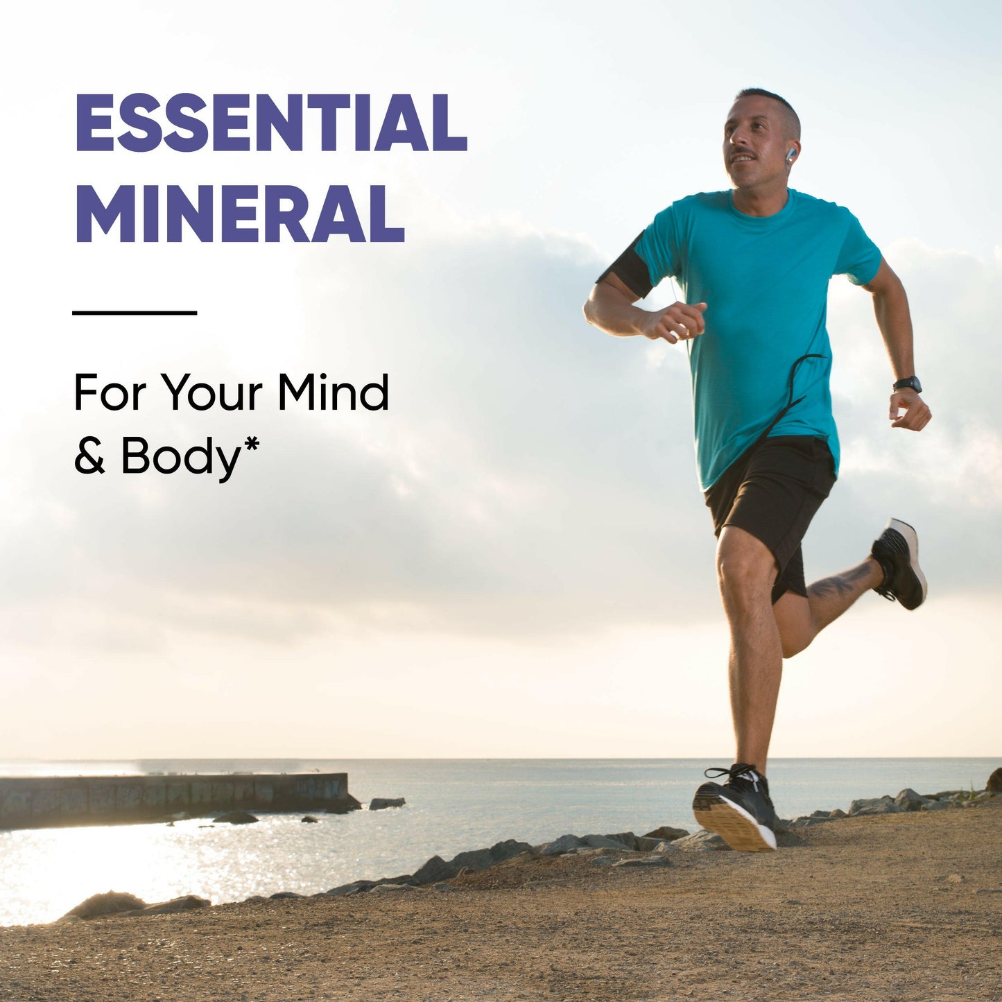 Man running on a beach with text about essential minerals for mind and body.