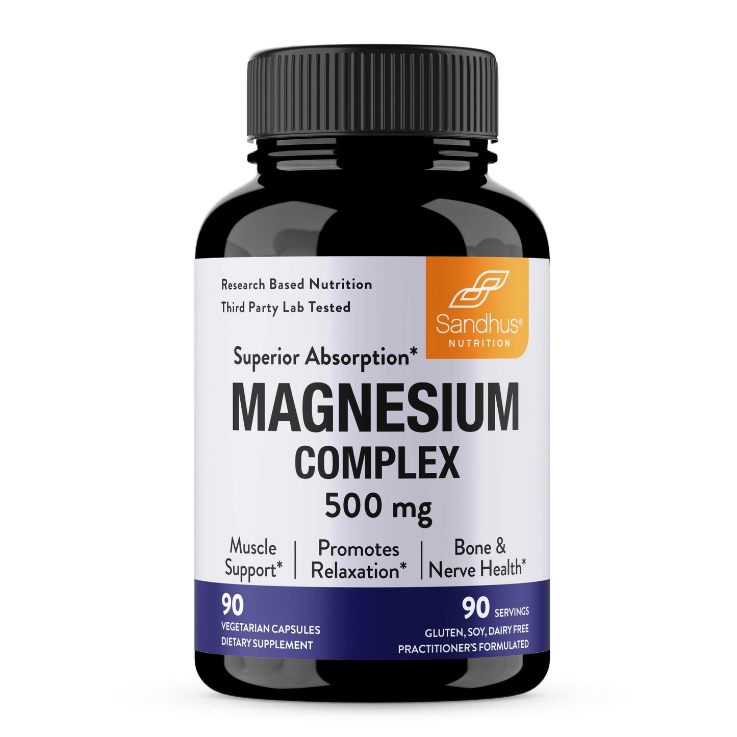 Supplement bottle labeled 'Magnesium Complex' by Sandhu Nutrition on a white background