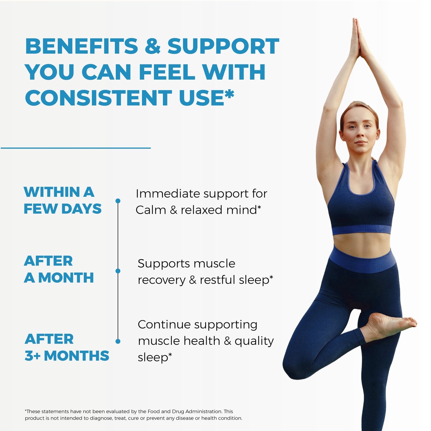 Young woman practicing yoga in blue activewear; supplement supports calm mind, restful sleep, and muscle health.
